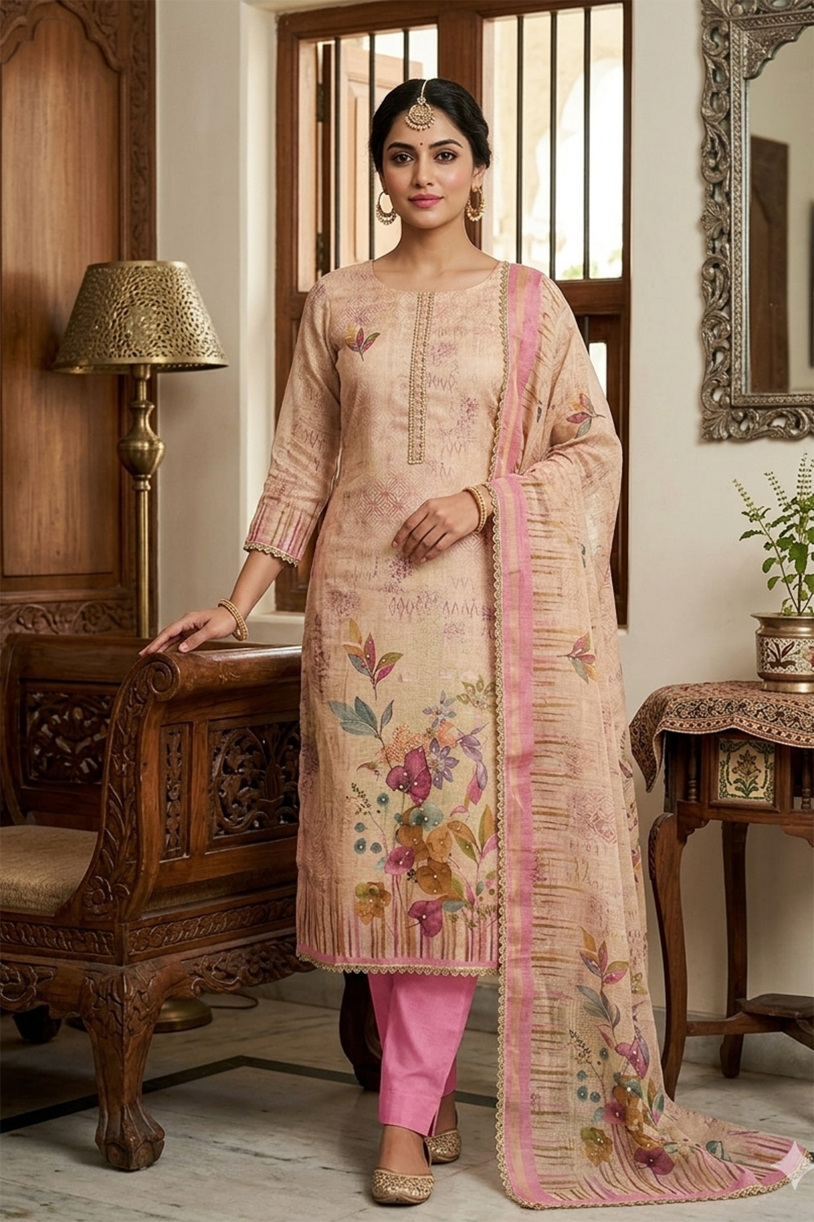 Pink Floral Printed Cotton Straight Salwar Suit