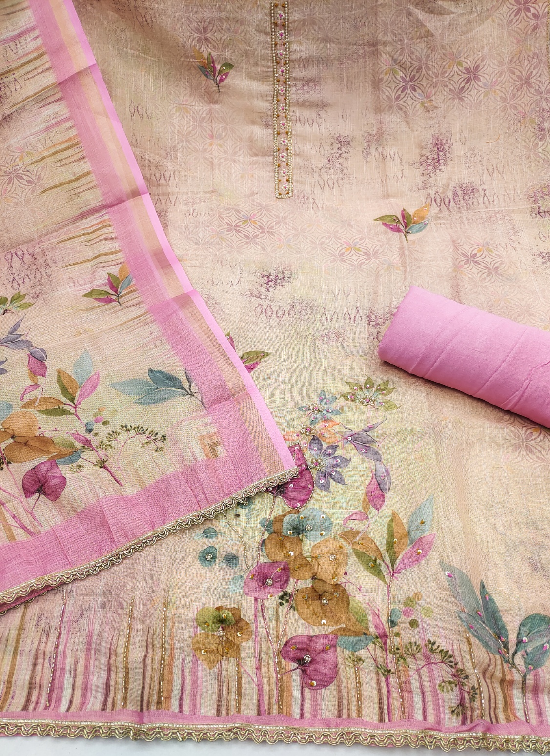 Pink Floral Printed Cotton Straight Salwar Suit