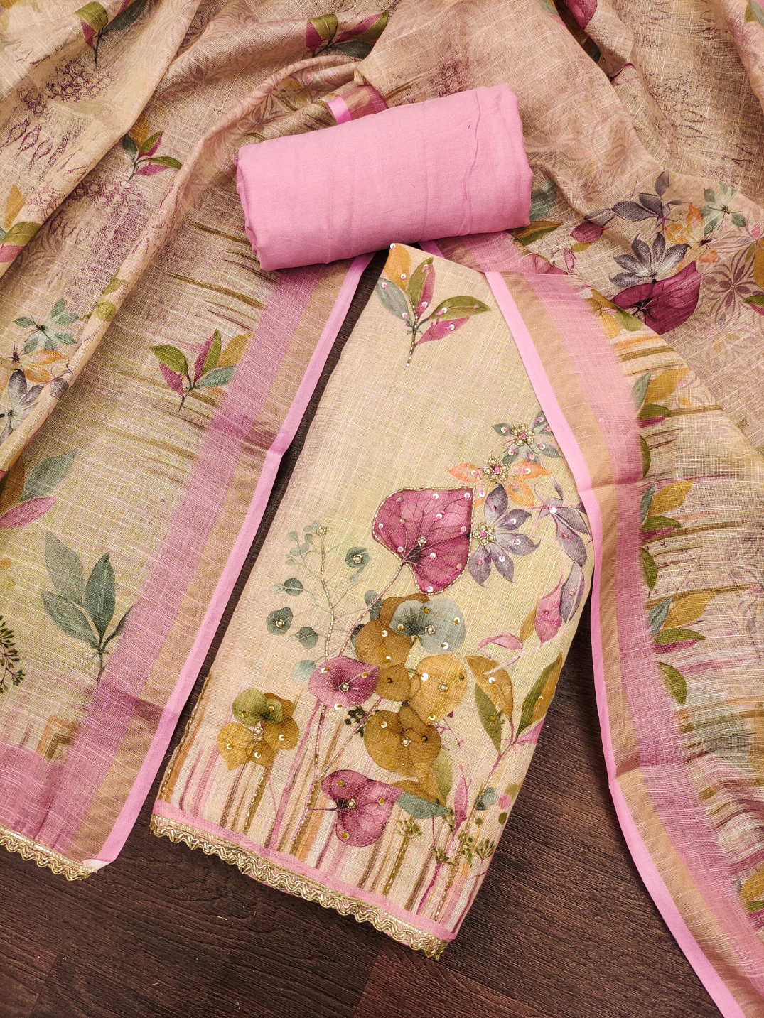 Pink Floral Printed Cotton Straight Salwar Suit