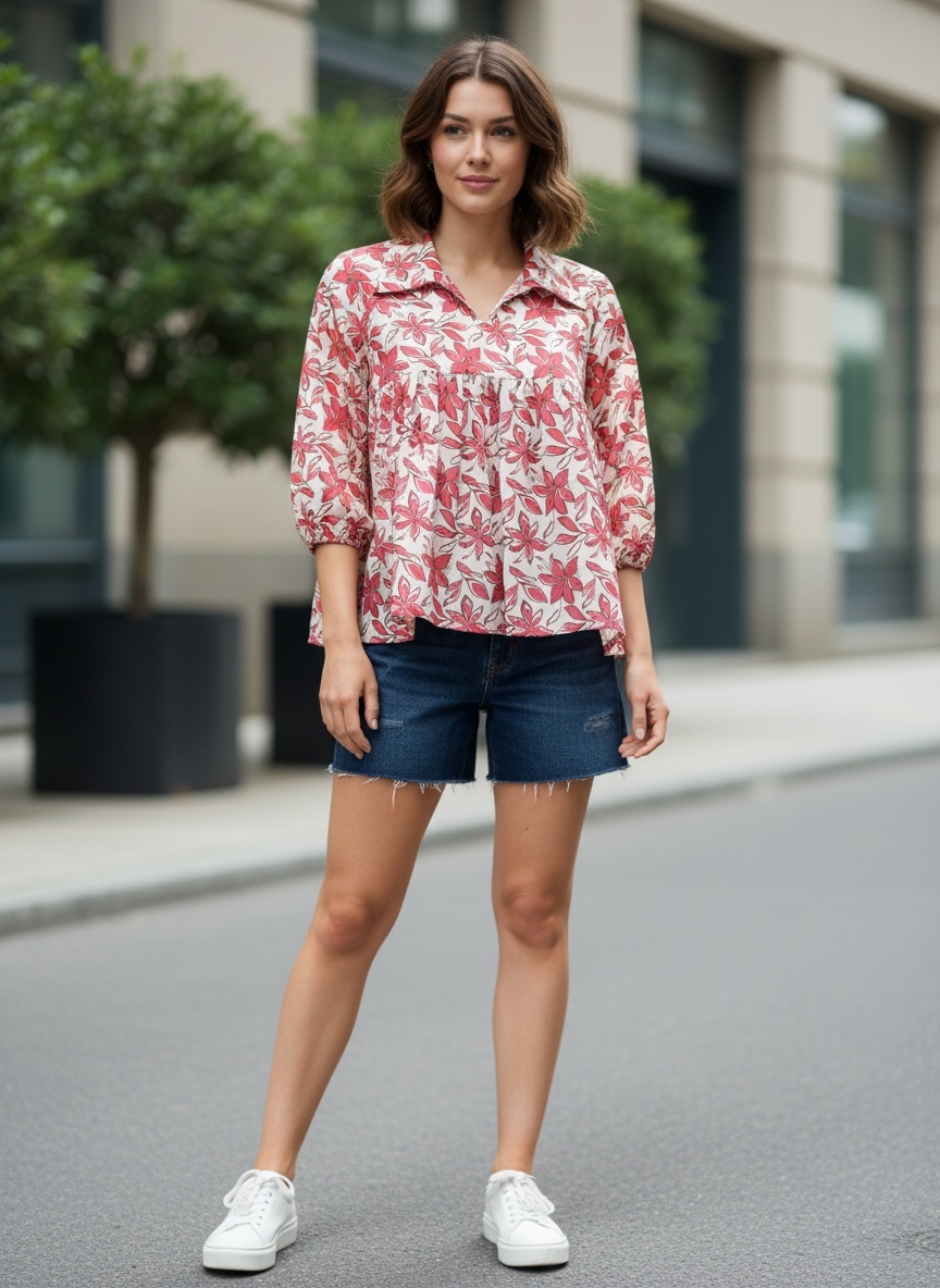 Pink Floral Printed Gathered Top