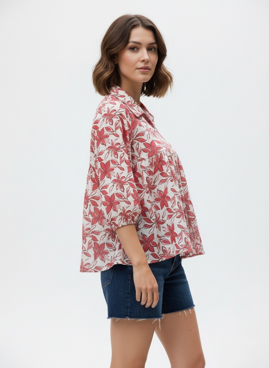 Pink Floral Printed Gathered Top