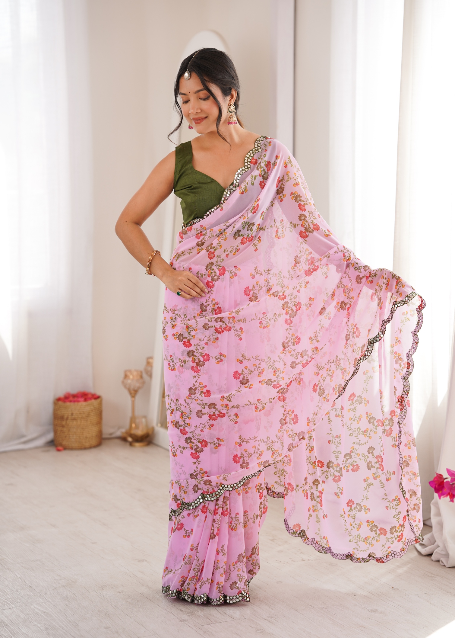 Pink Floral Printed Georgette Party Saree