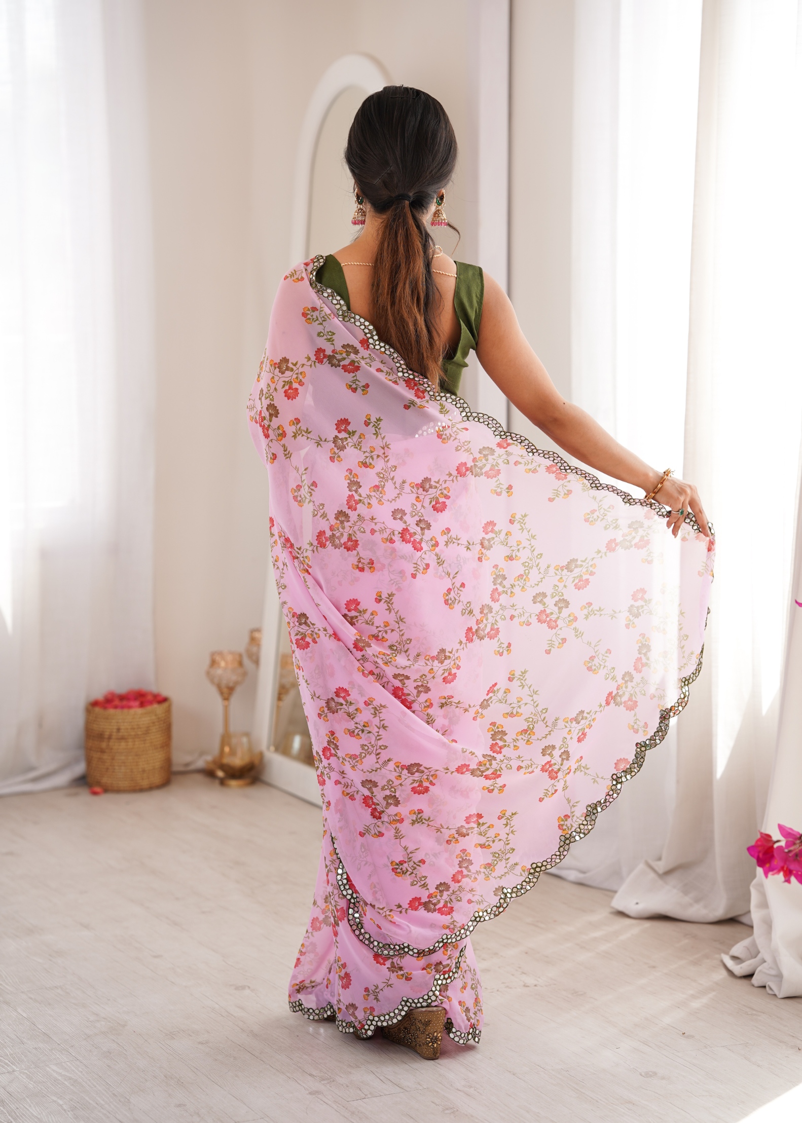 Pink Floral Printed Georgette Party Saree — alternate view