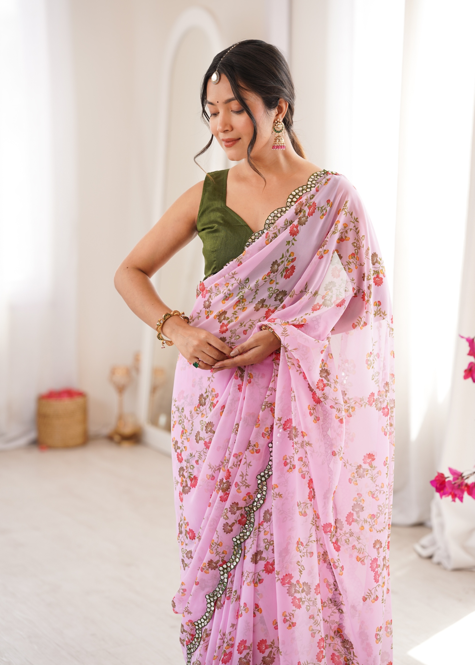 Pink Floral Printed Georgette Party Saree
