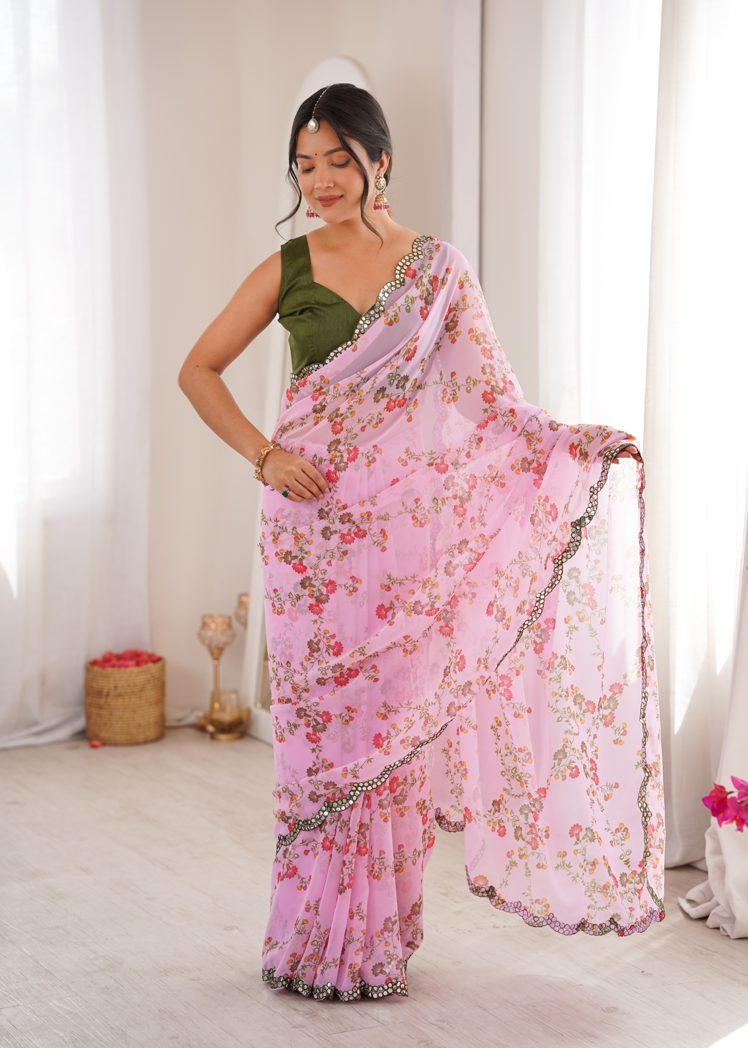 Pink Floral Printed Georgette Party Saree