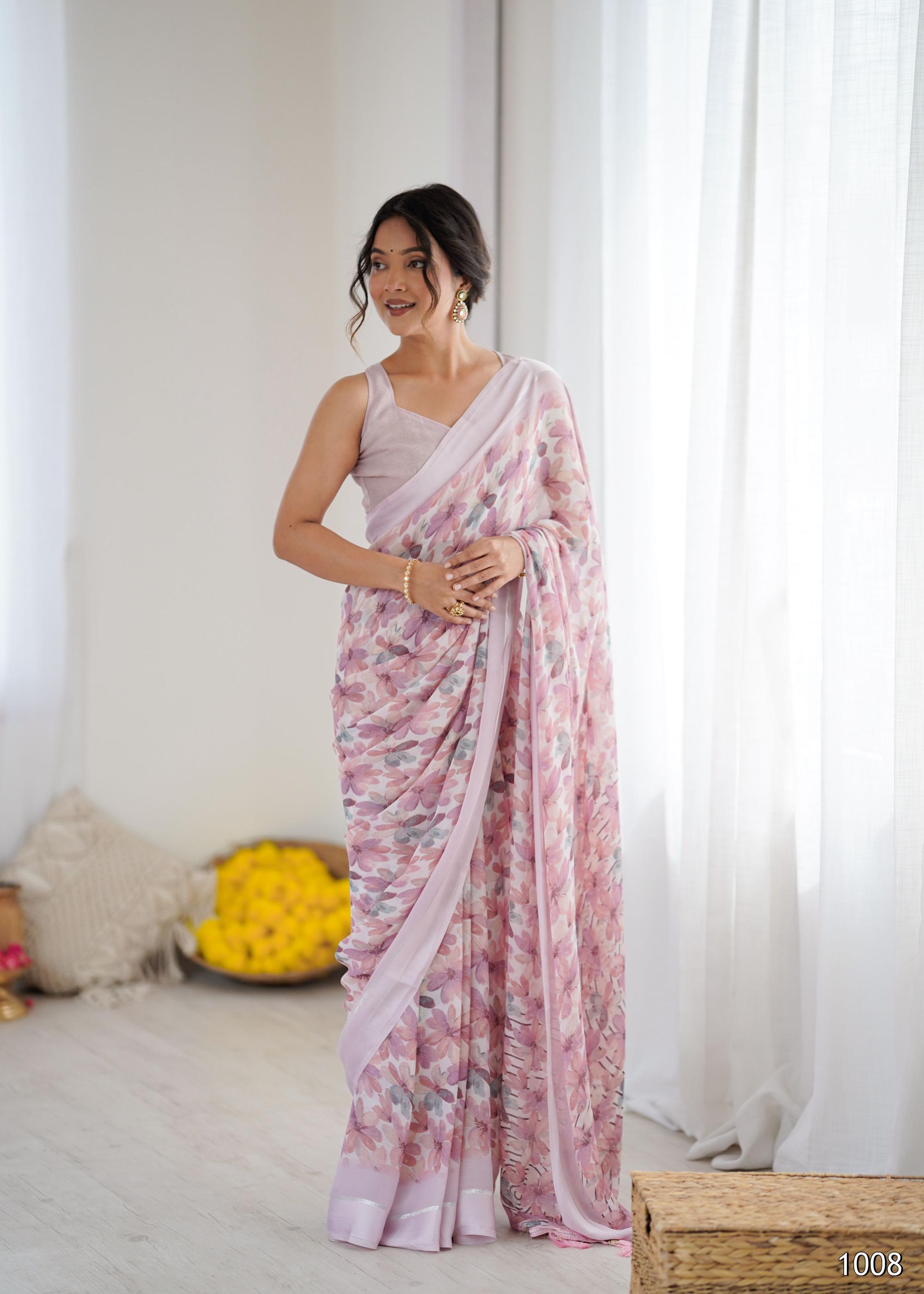 Pink Floral Printed Georgette Saree