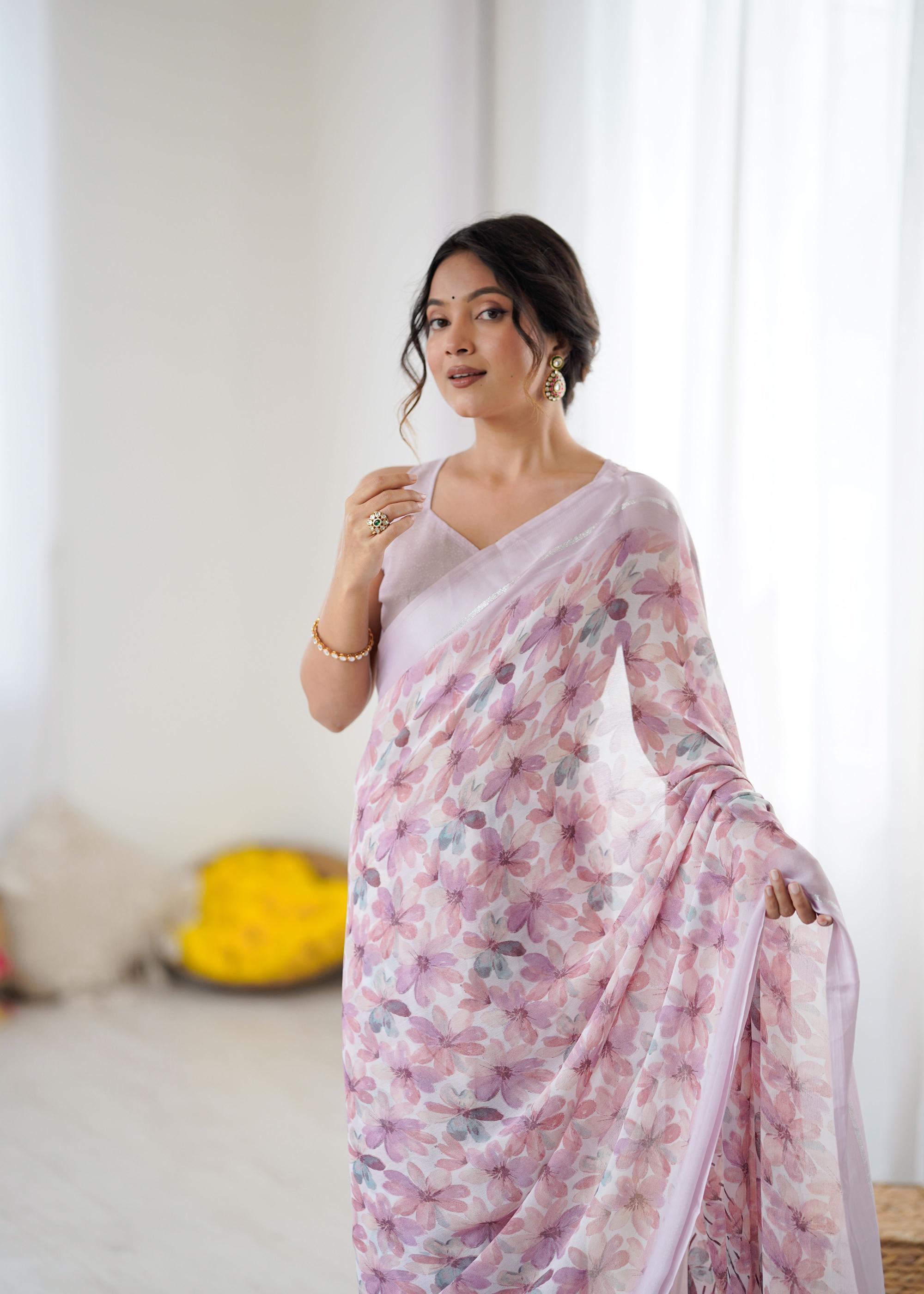 Pink Floral Printed Georgette Saree