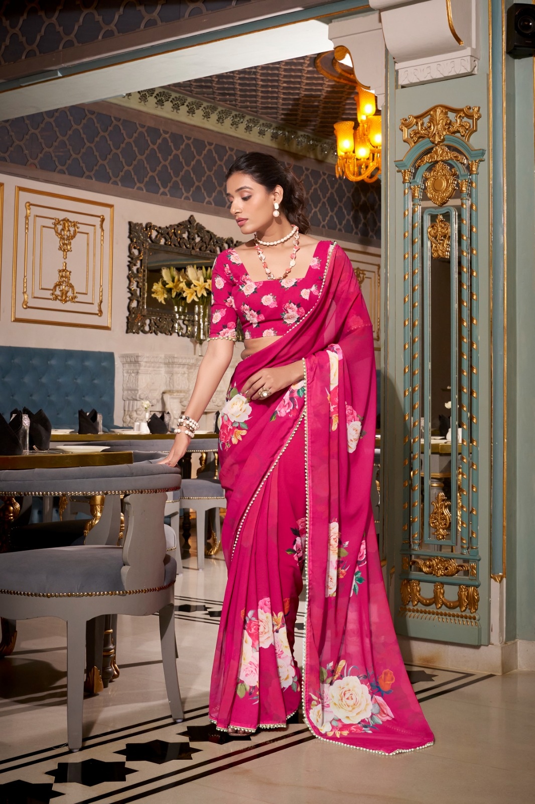 Pink Floral Printed Georgette Saree — alternate view