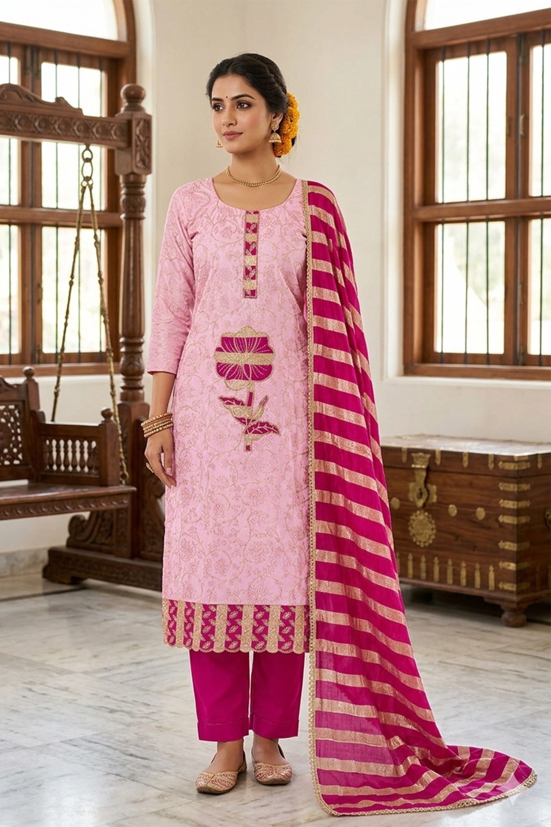 Pink Floral Printed Jam Cotton Salwar Suit