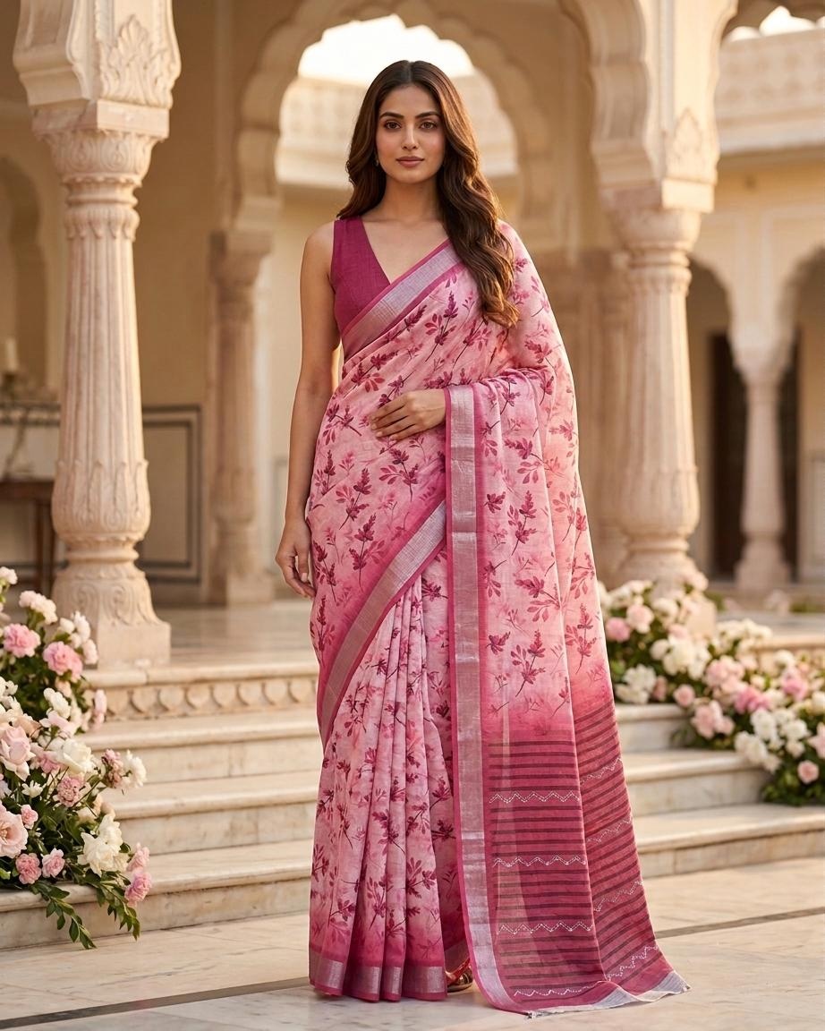 Pink Floral Printed Lichi Silk Saree