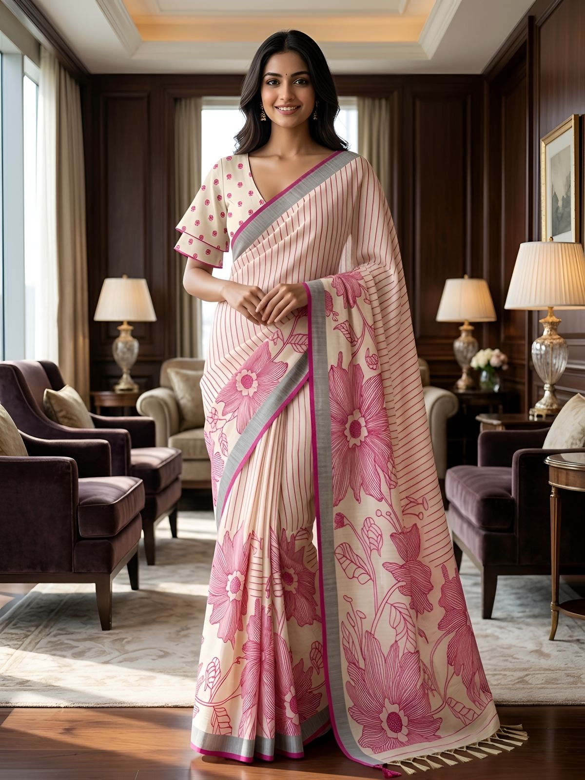 Pink Floral Printed Linen Saree