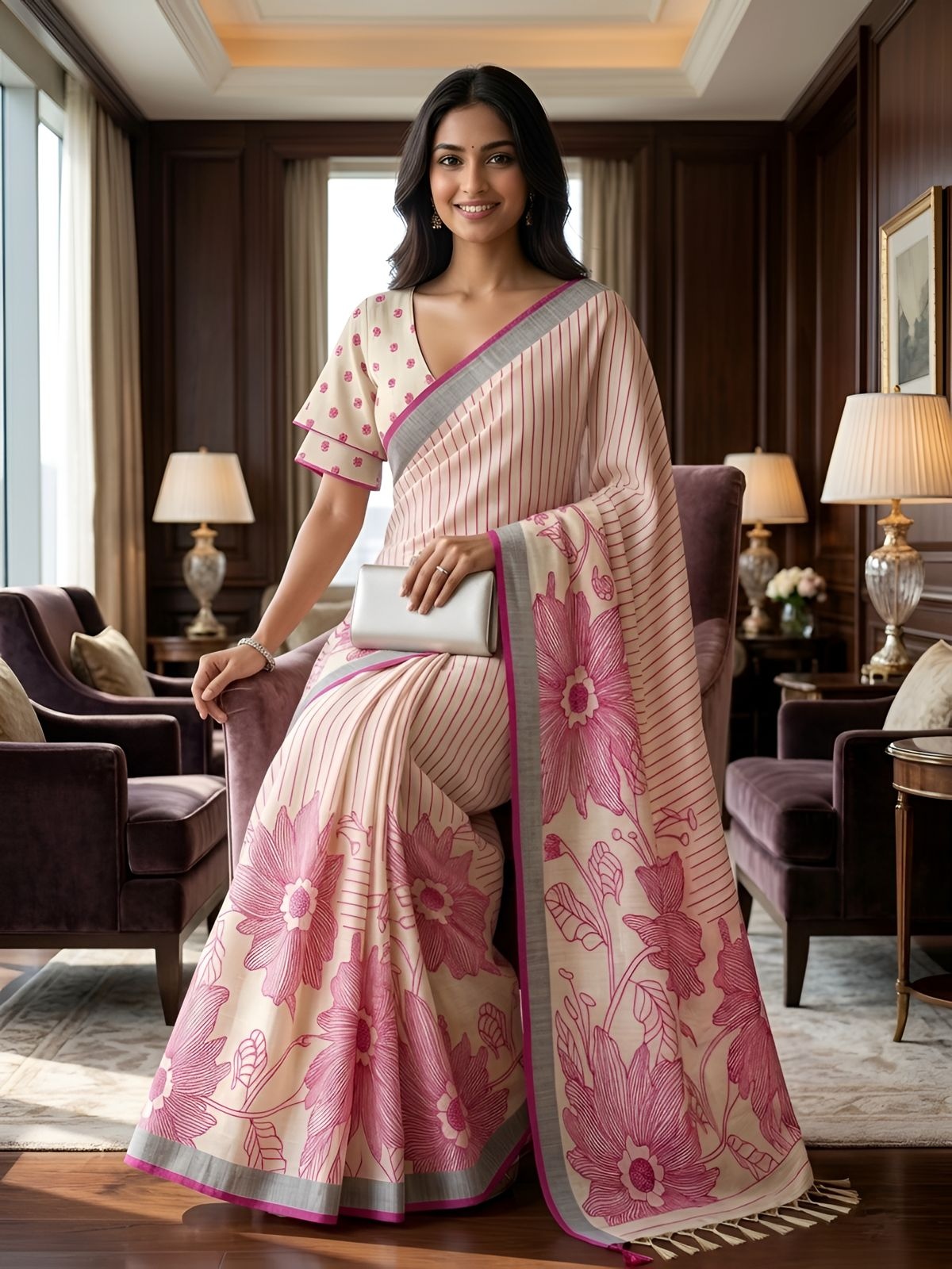 Pink Floral Printed Linen Saree