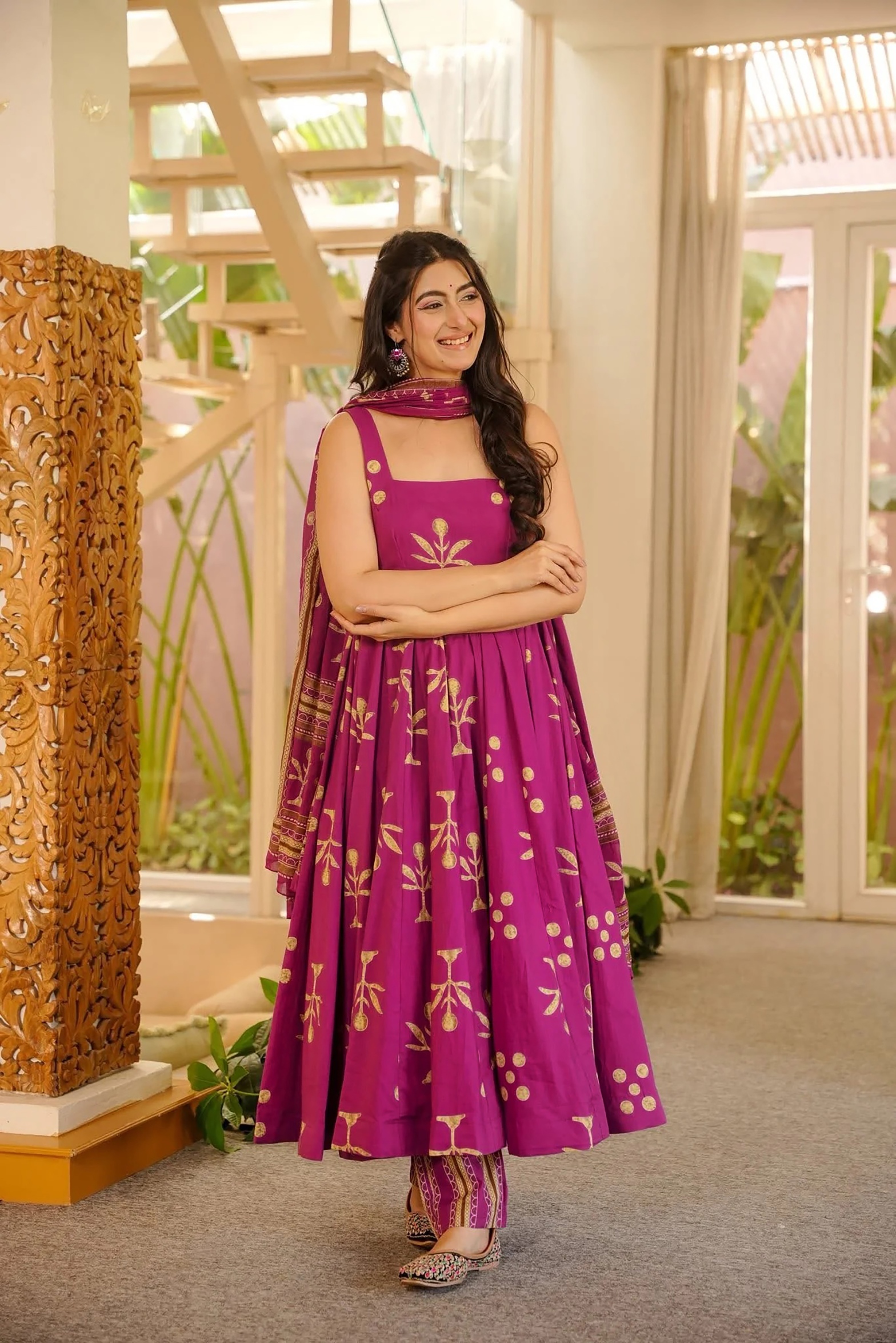 Pink Floral Printed Muslin Anarkali Suit