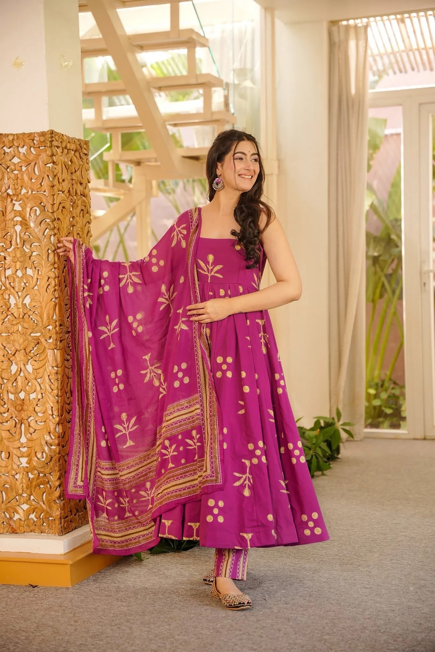 Pink Floral Printed Muslin Anarkali Suit
