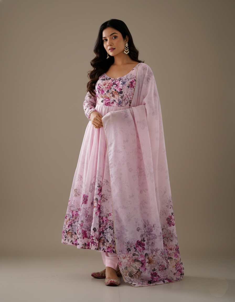 Pink Floral Printed Organza Anarkali