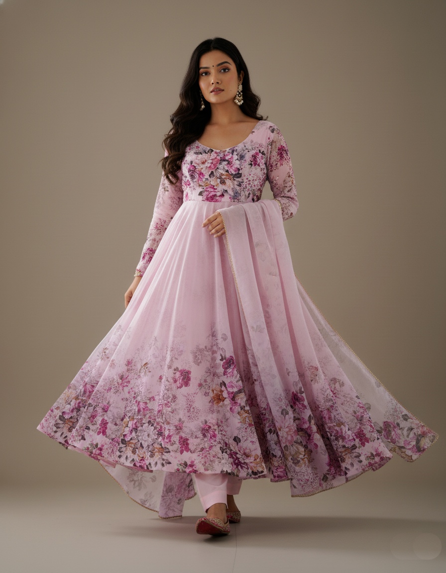 Pink Floral Printed Organza Anarkali — alternate view