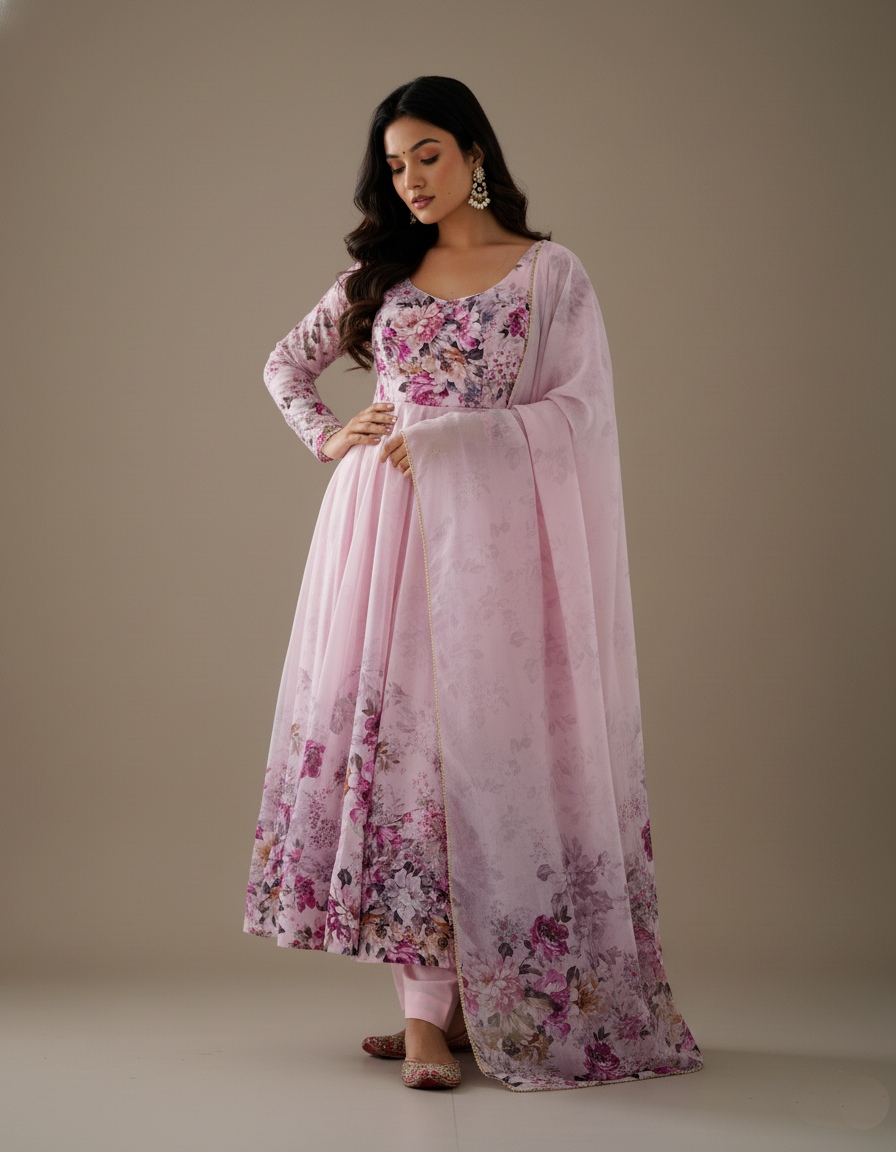 Pink Floral Printed Organza Anarkali