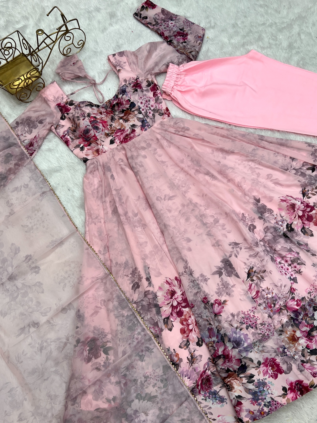 Pink Floral Printed Organza Anarkali