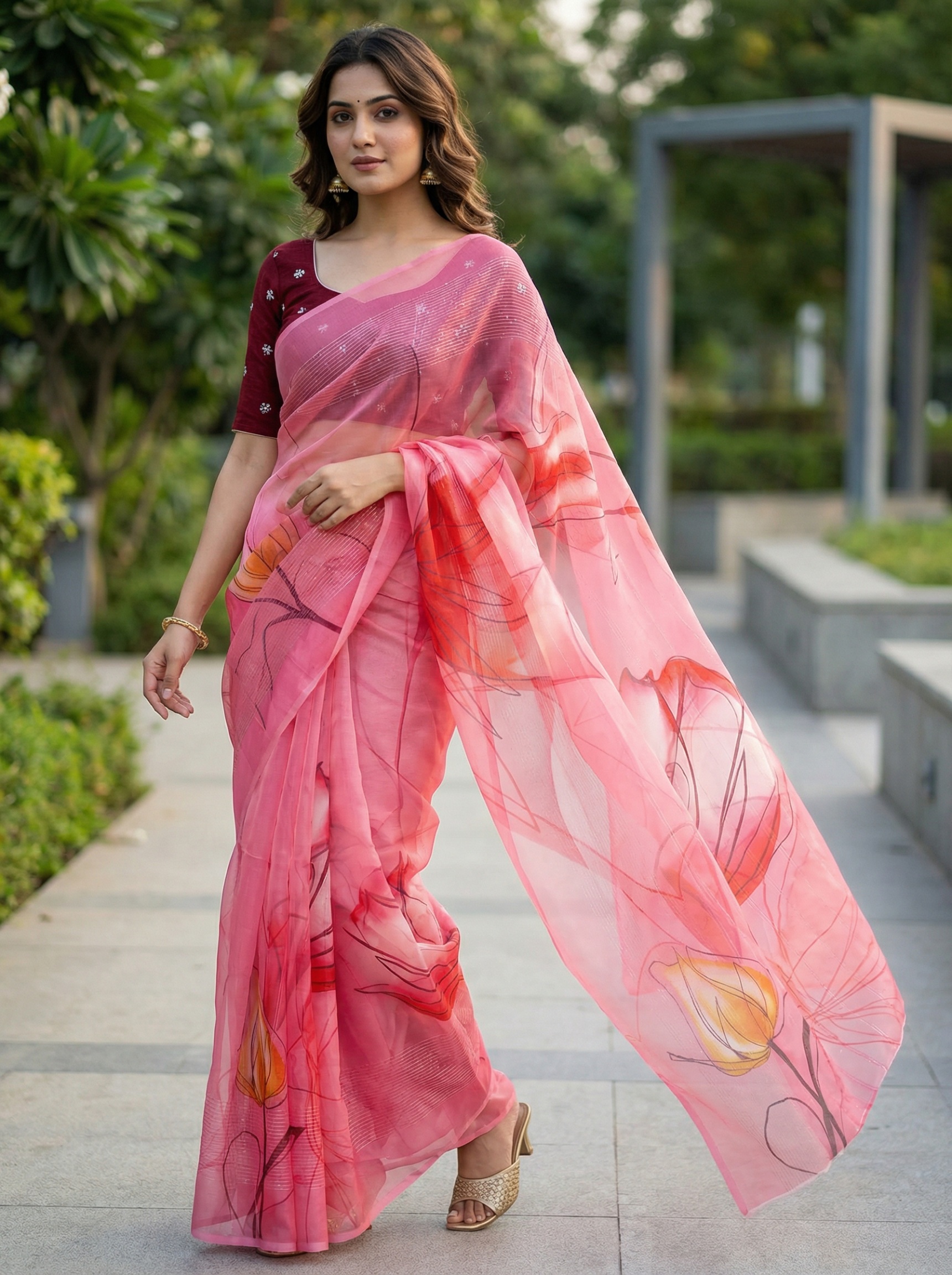 Pink Floral Printed Organza Saree