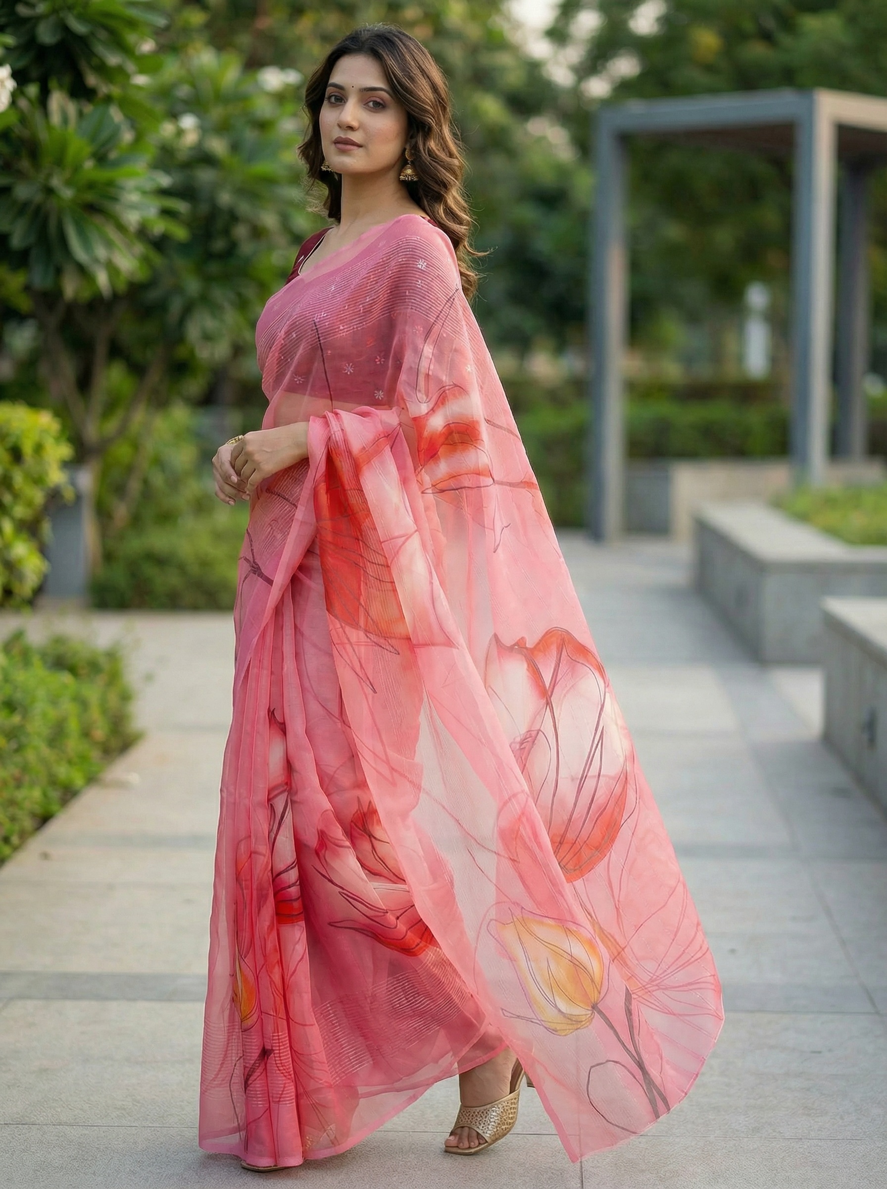 Pink Floral Printed Organza Saree — alternate view