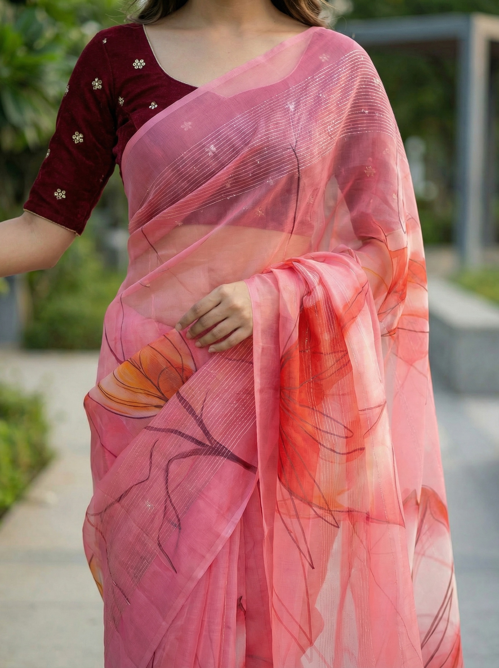 Pink Floral Printed Organza Saree