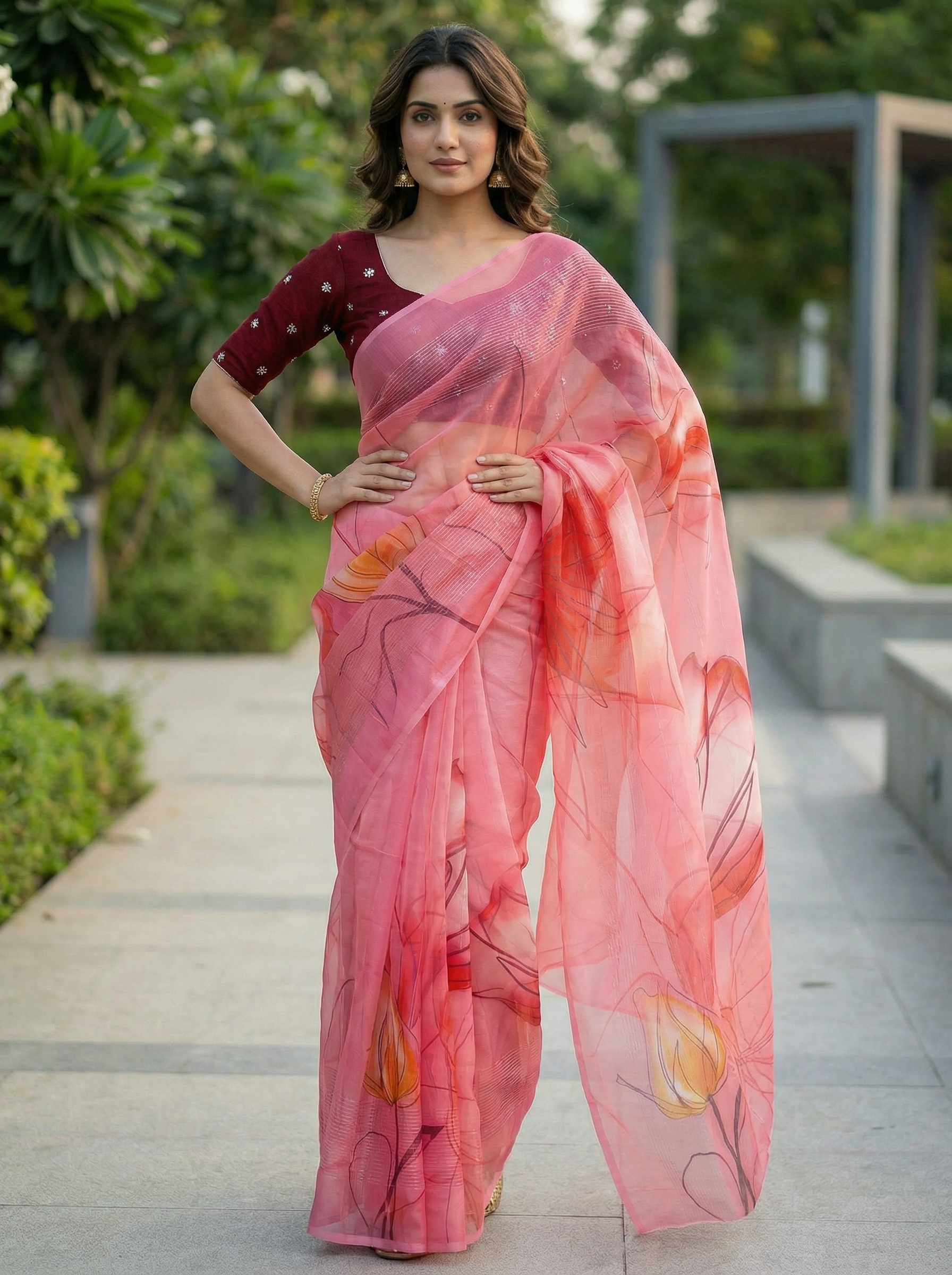 Pink Floral Printed Organza Saree
