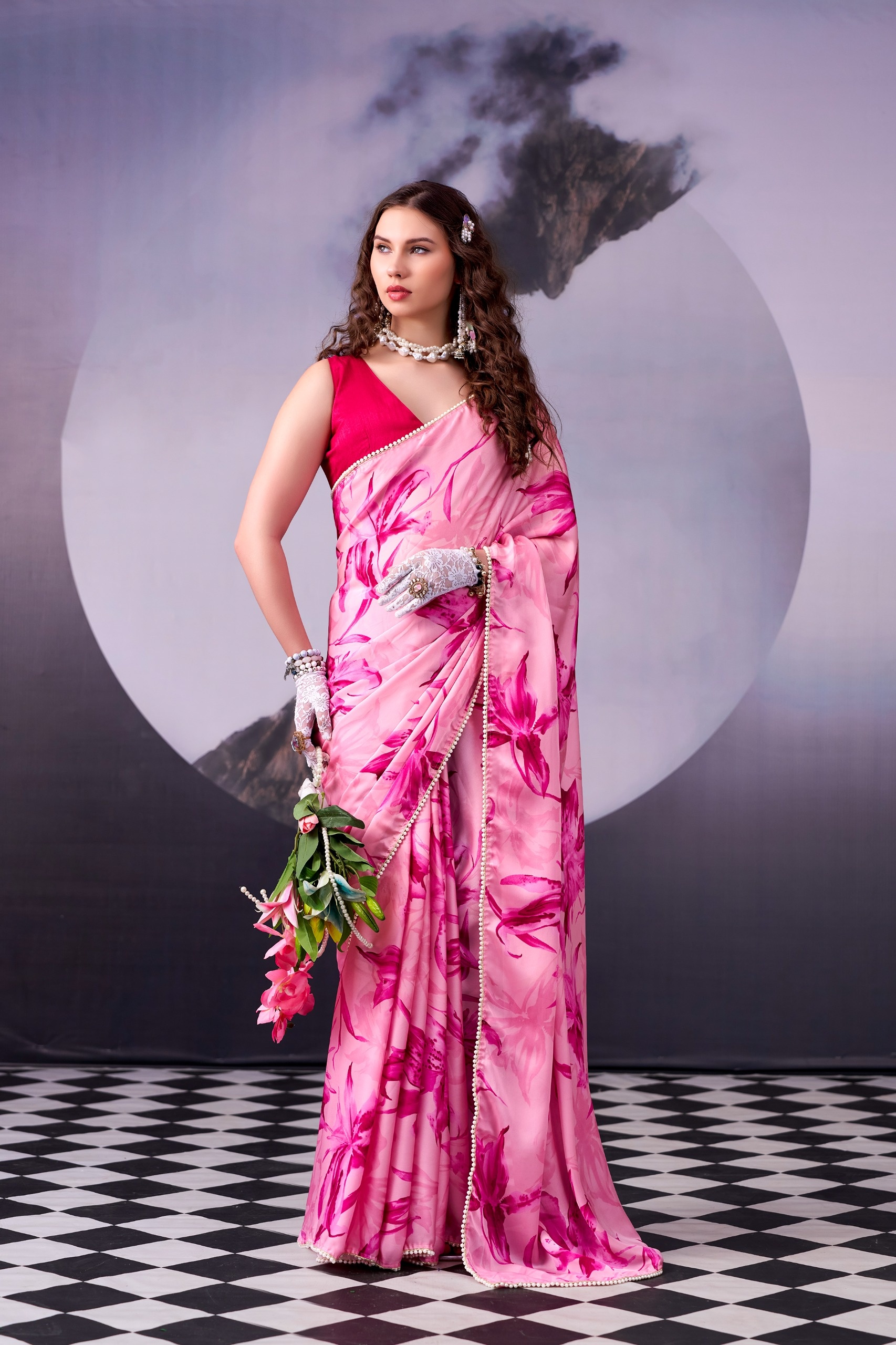 Pink Floral Printed Satin Silk Saree