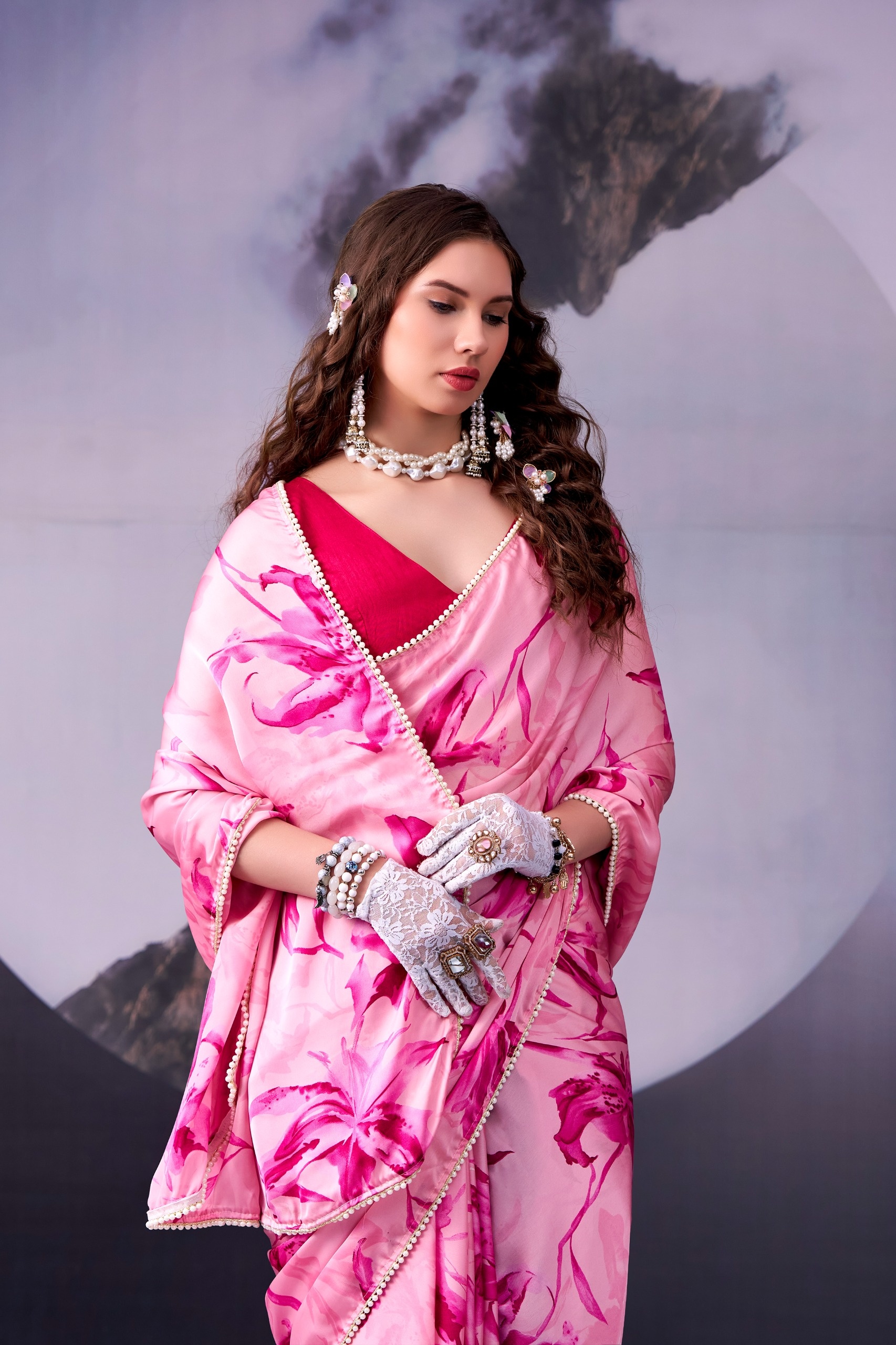Pink Floral Printed Satin Silk Saree — alternate view
