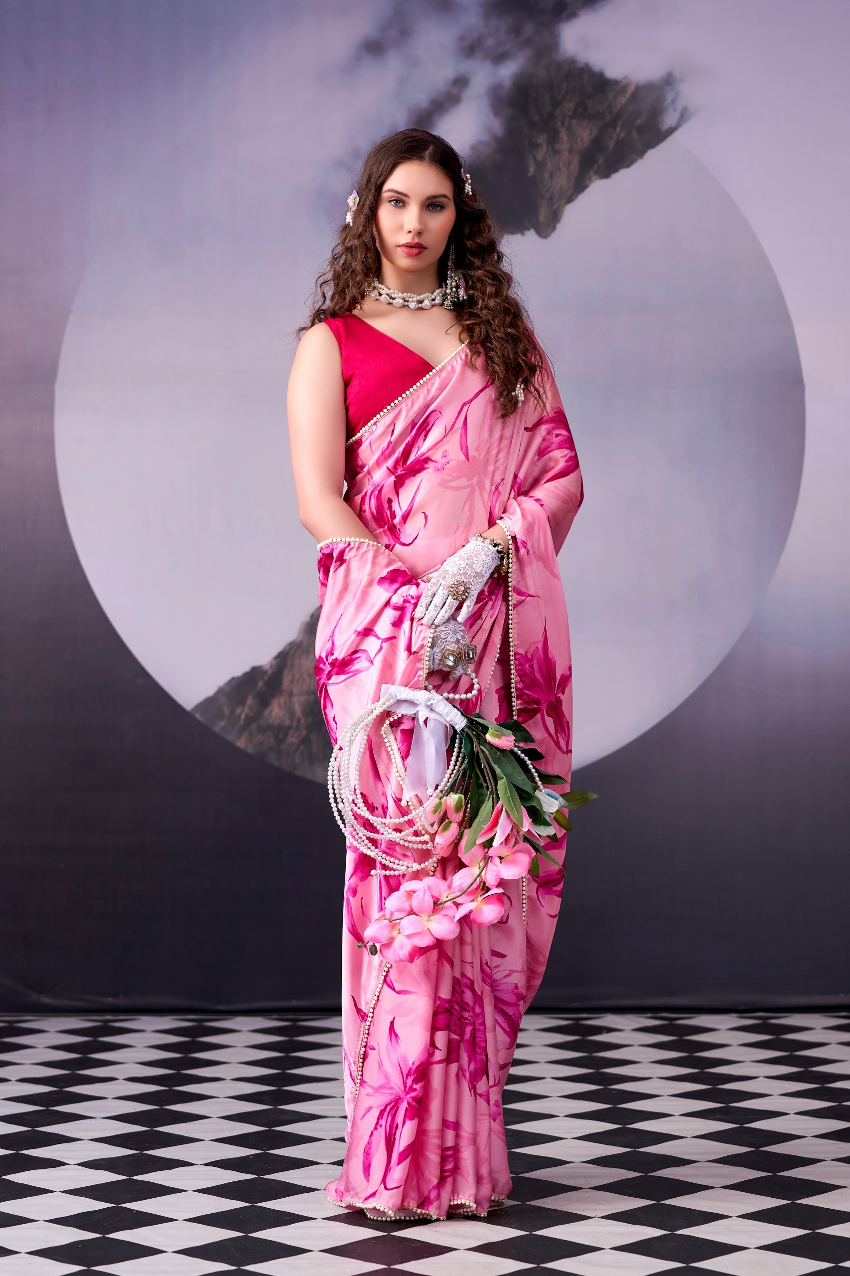 Pink Floral Printed Satin Silk Saree