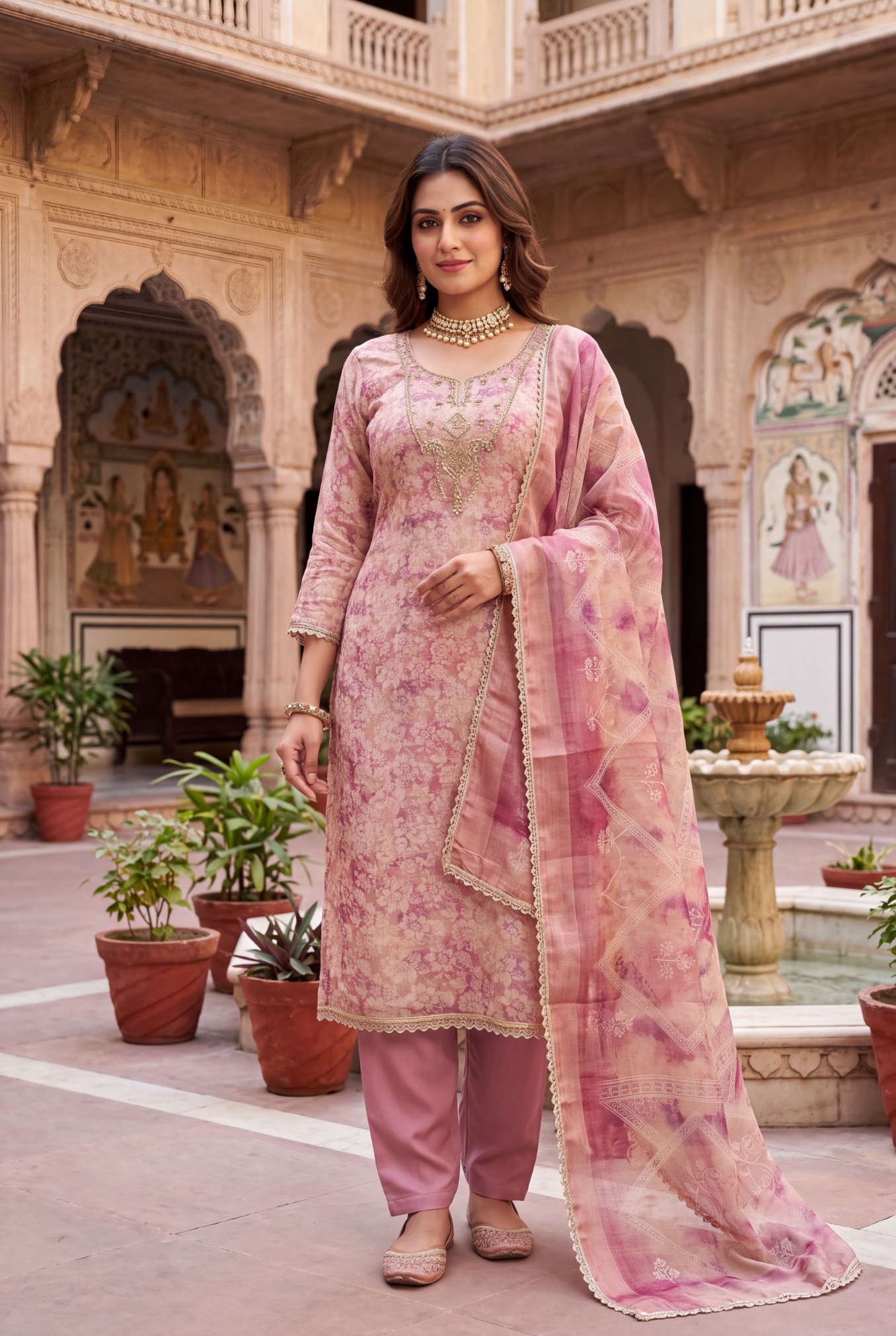 Pink Floral Printed Shimmer Linen Cotton Graceful Straight Suit