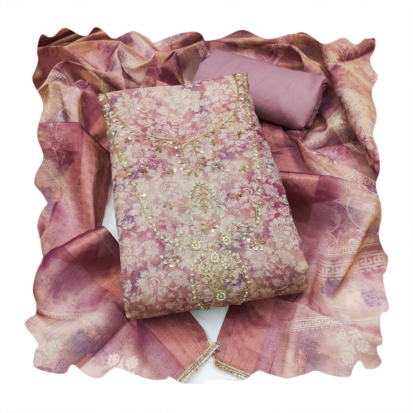 Pink Floral Printed Shimmer Linen Cotton Graceful Straight Suit — alternate view