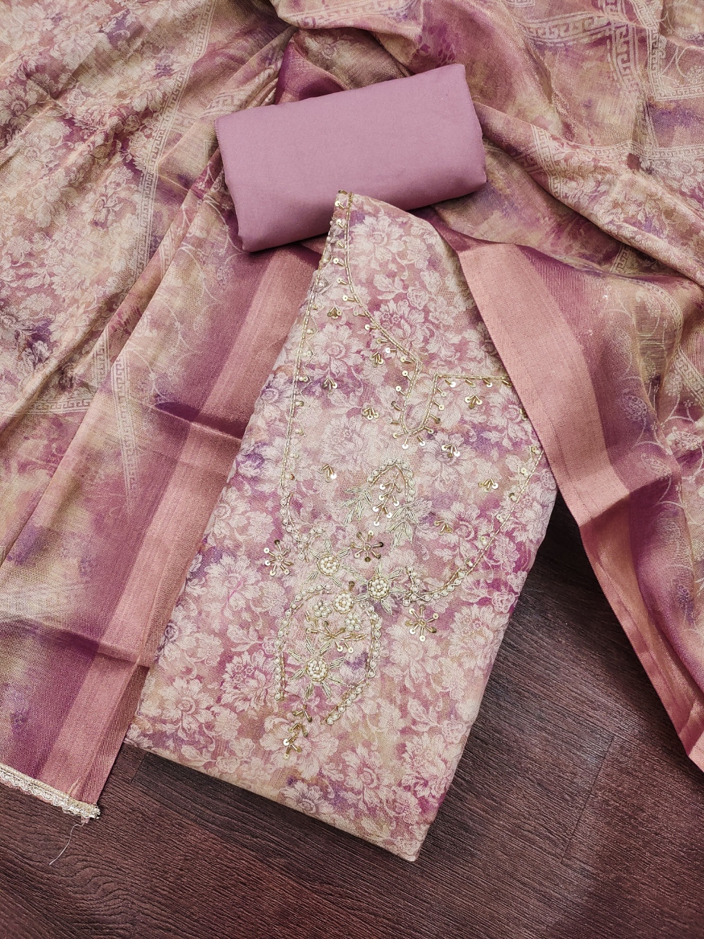 Pink Floral Printed Shimmer Linen Cotton Graceful Straight Suit