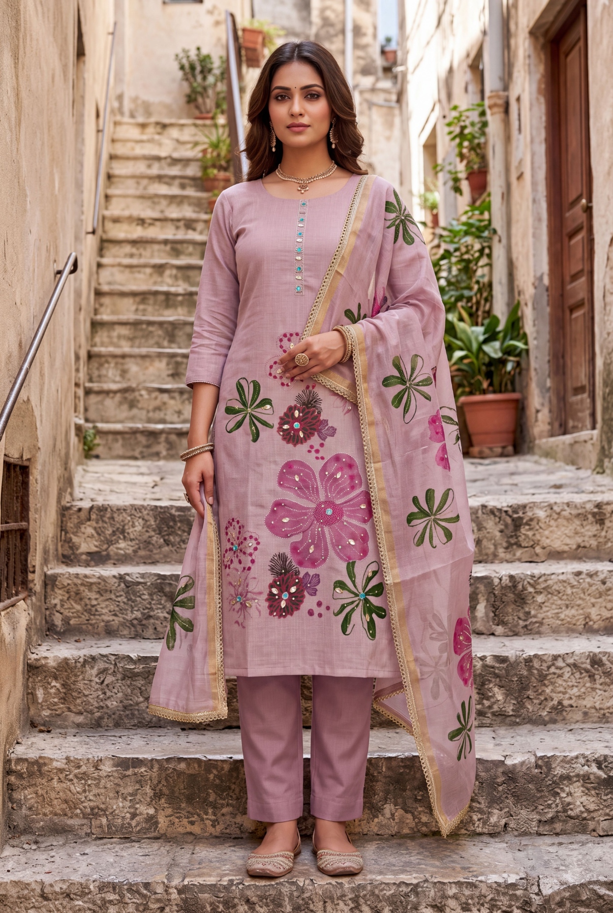 Pink Floral Printed Shimmer Linen Cotton Straight Suit
