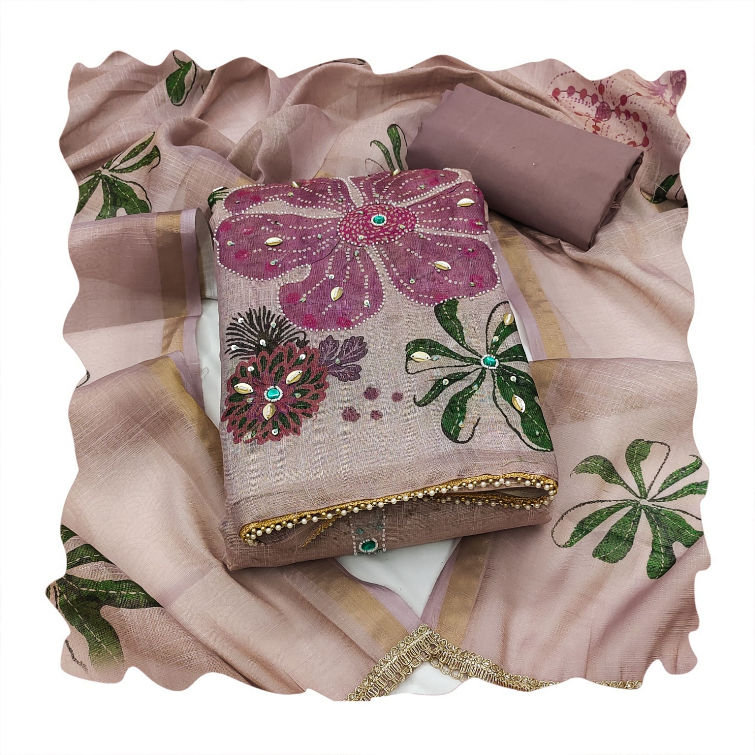 Pink Floral Printed Shimmer Linen Cotton Straight Suit — alternate view