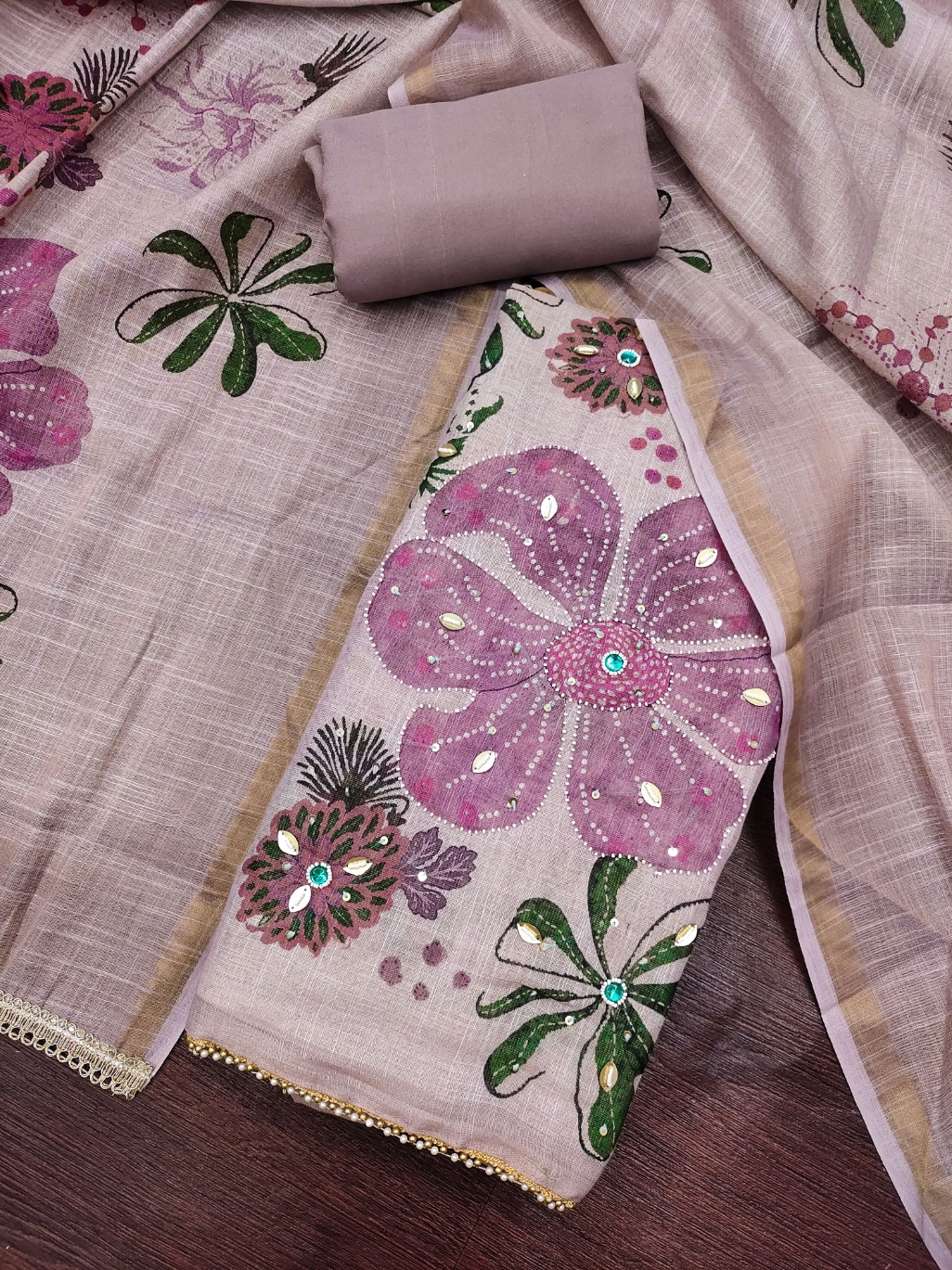 Pink Floral Printed Shimmer Linen Cotton Straight Suit