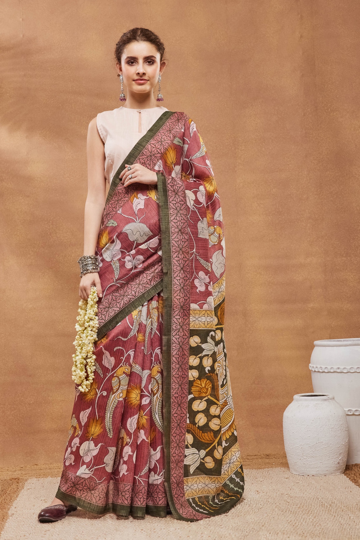 Pink Floral Printed Silk Blend Saree