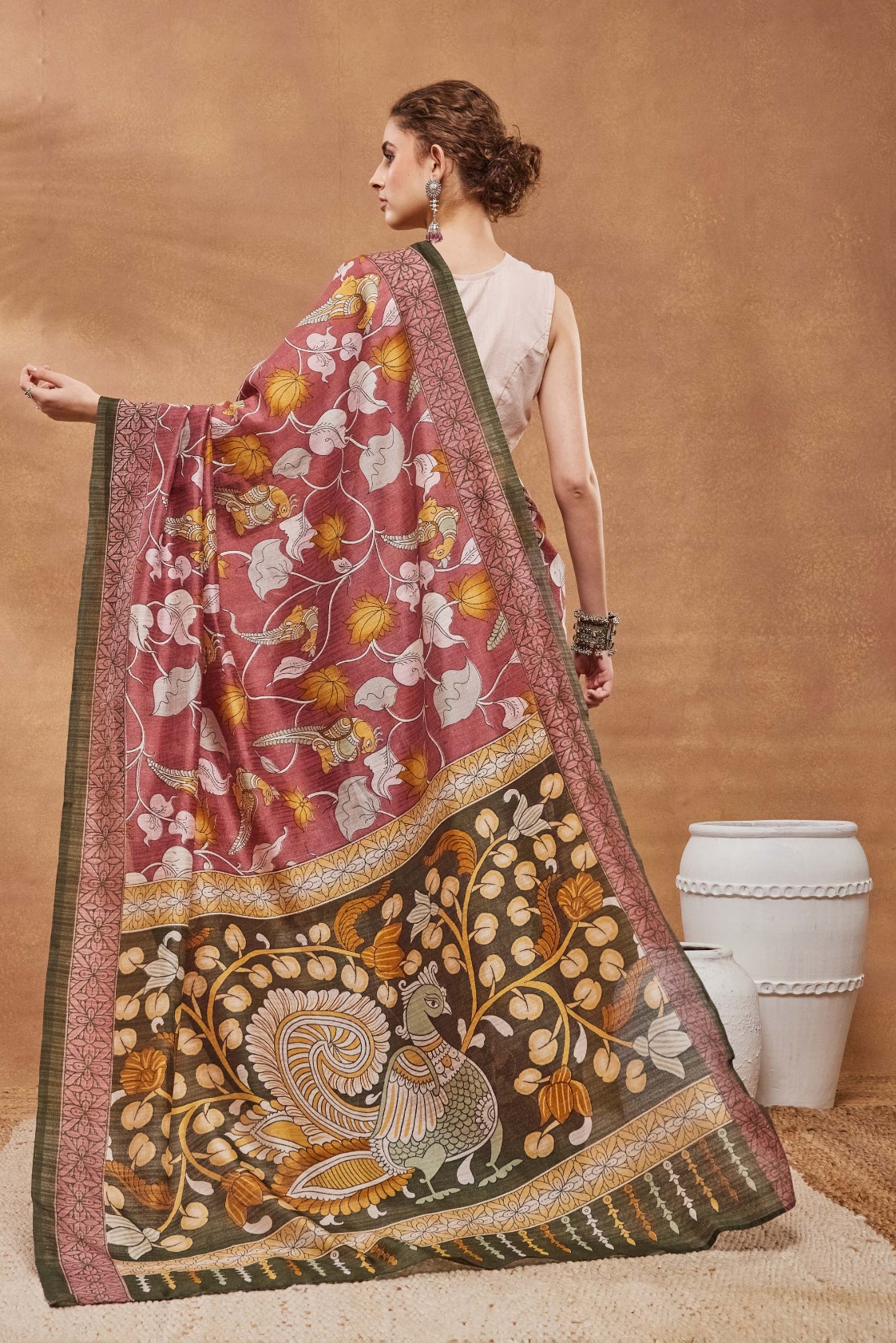 Pink Floral Printed Silk Blend Saree — alternate view