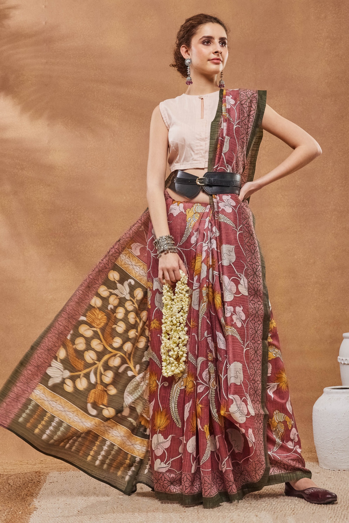 Pink Floral Printed Silk Blend Saree