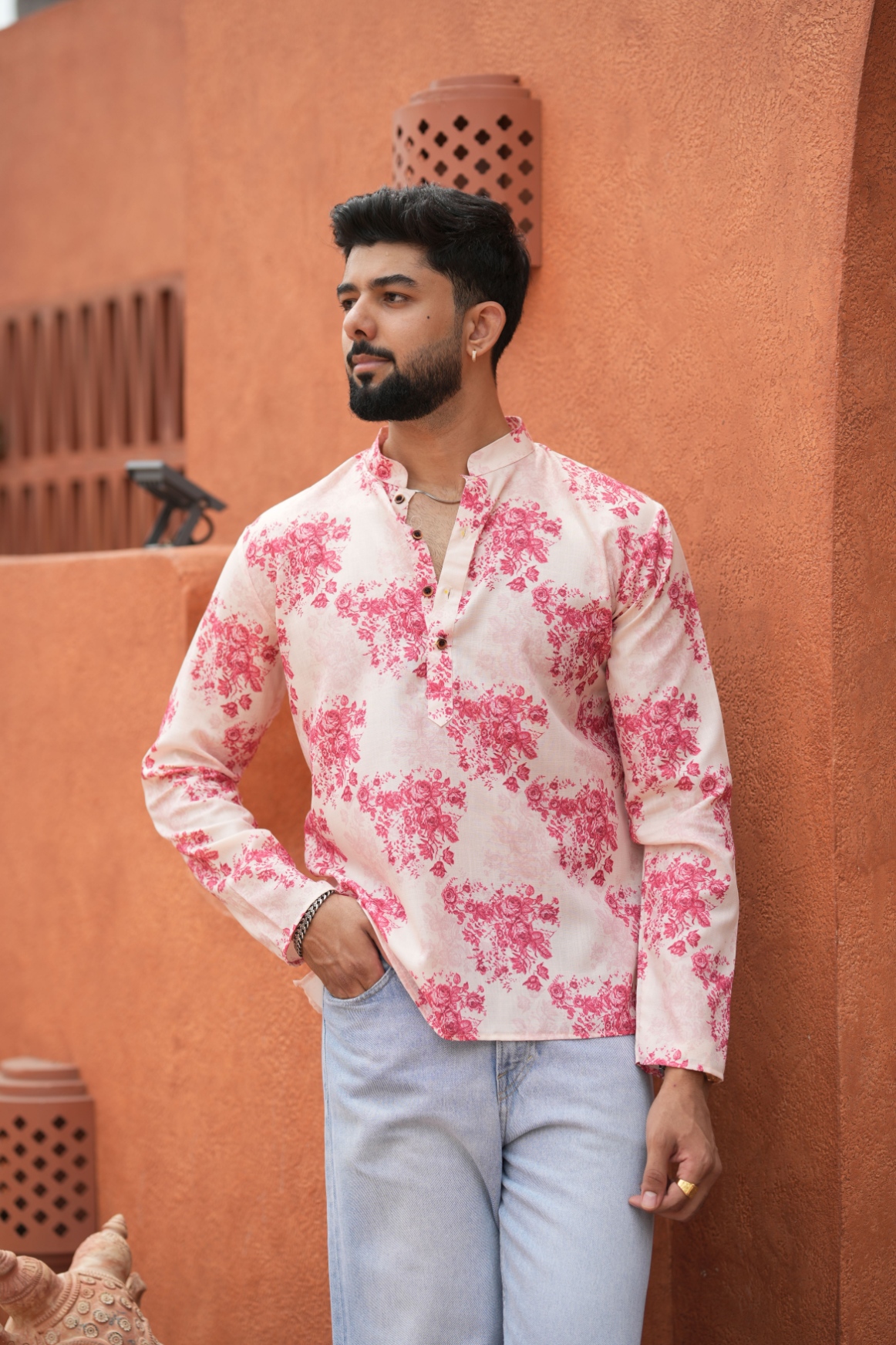 Pink Floral Printed Swiss Linen Short Kurta