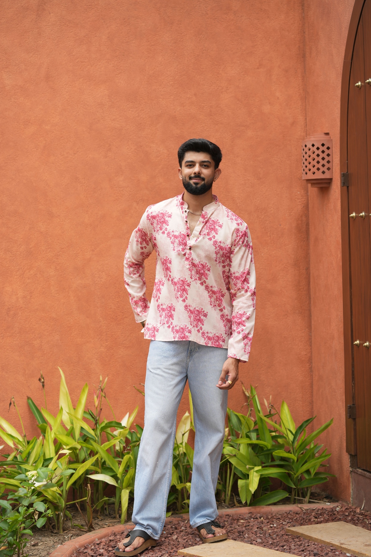 Pink Floral Printed Swiss Linen Short Kurta — alternate view