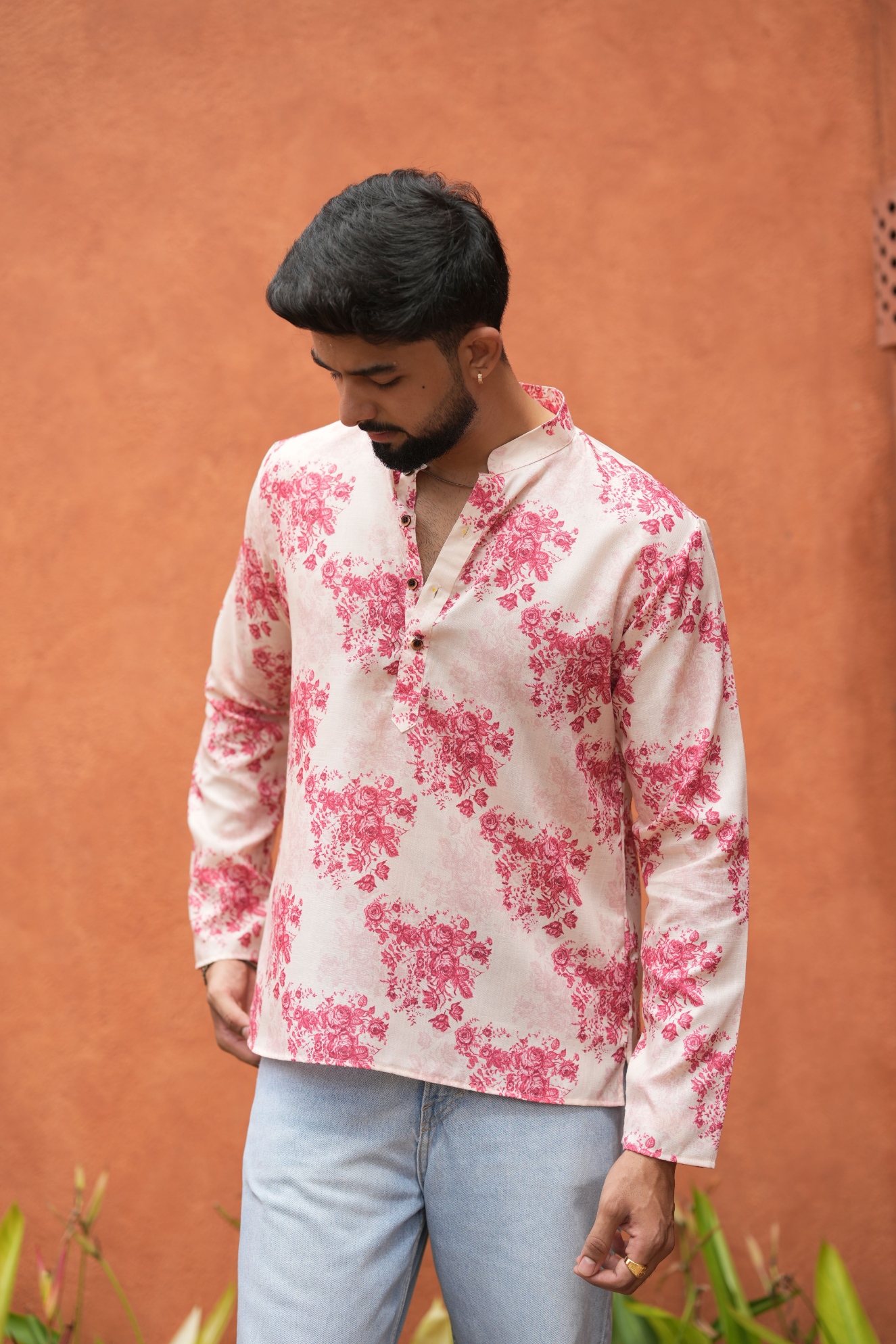 Pink Floral Printed Swiss Linen Short Kurta