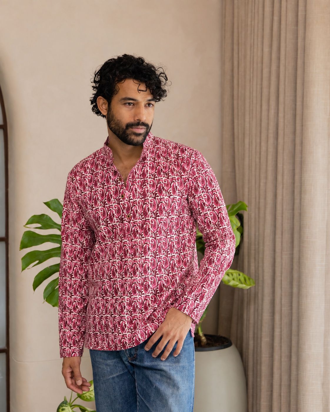 Pink Floral Printed Swiss Linen Short Kurta