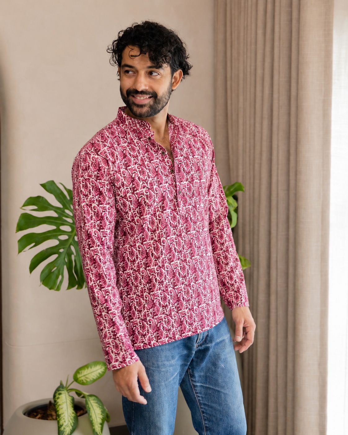 Pink Floral Printed Swiss Linen Short Kurta