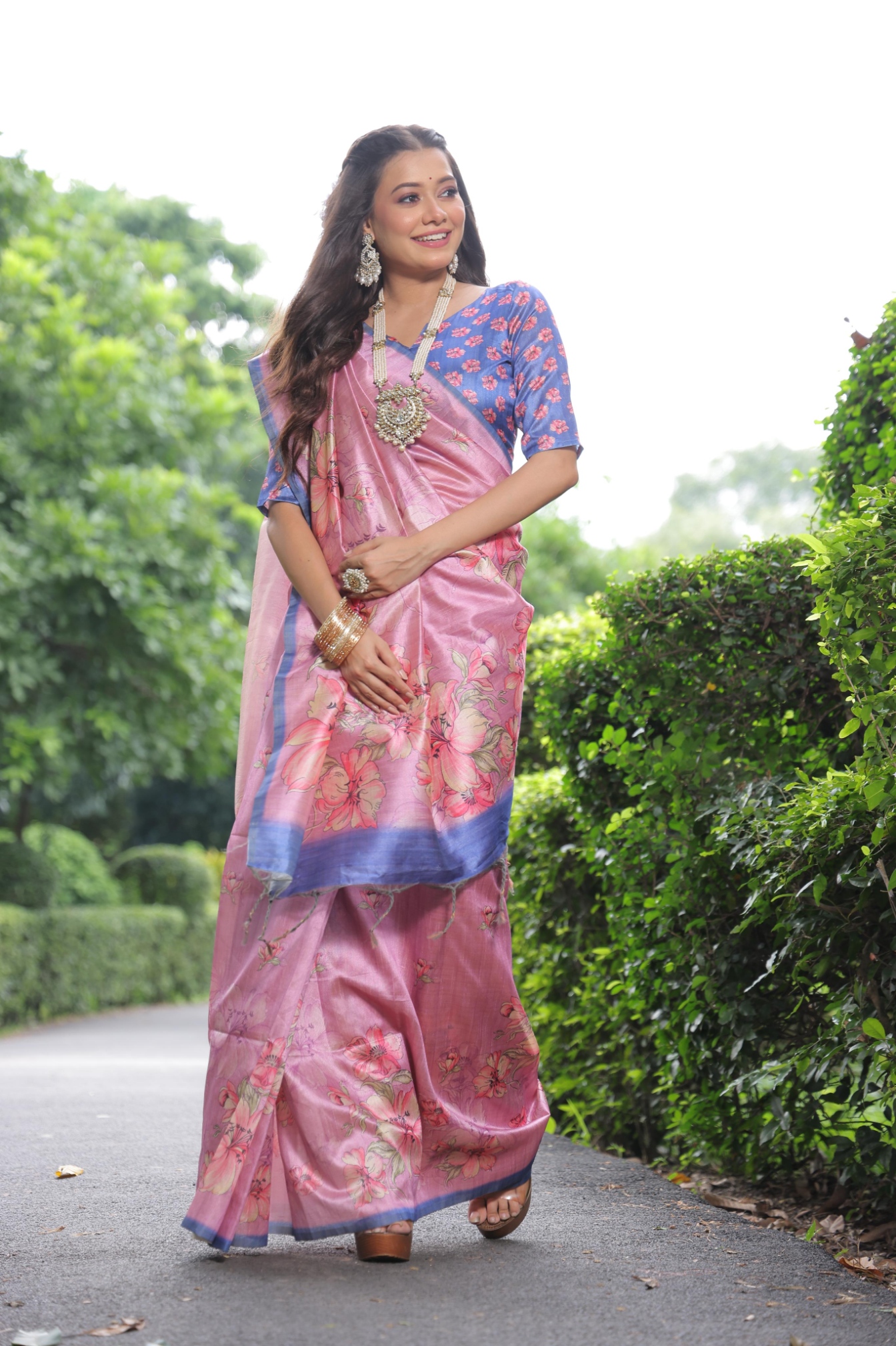 Pink Floral Printed Tussar Silk Saree