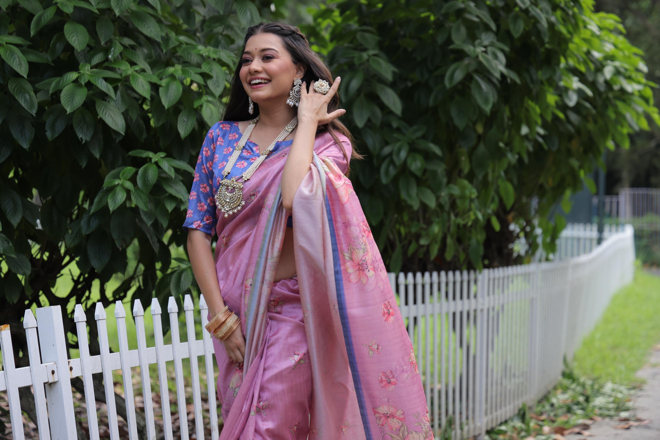 Pink Floral Printed Tussar Silk Saree — alternate view