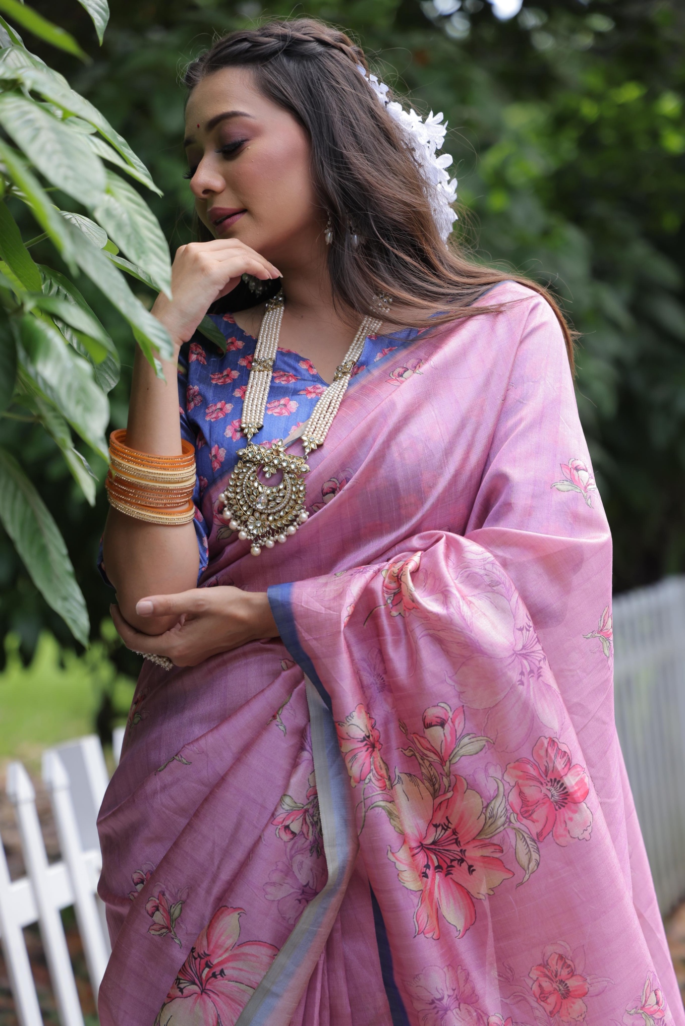 Pink Floral Printed Tussar Silk Saree
