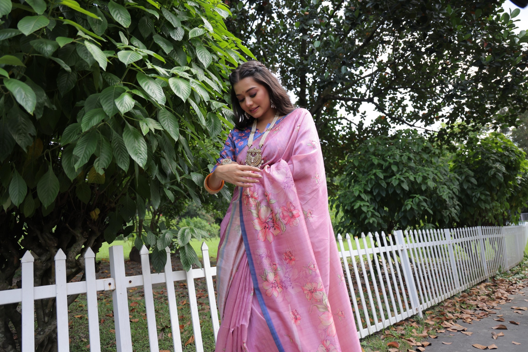 Pink Floral Printed Tussar Silk Saree
