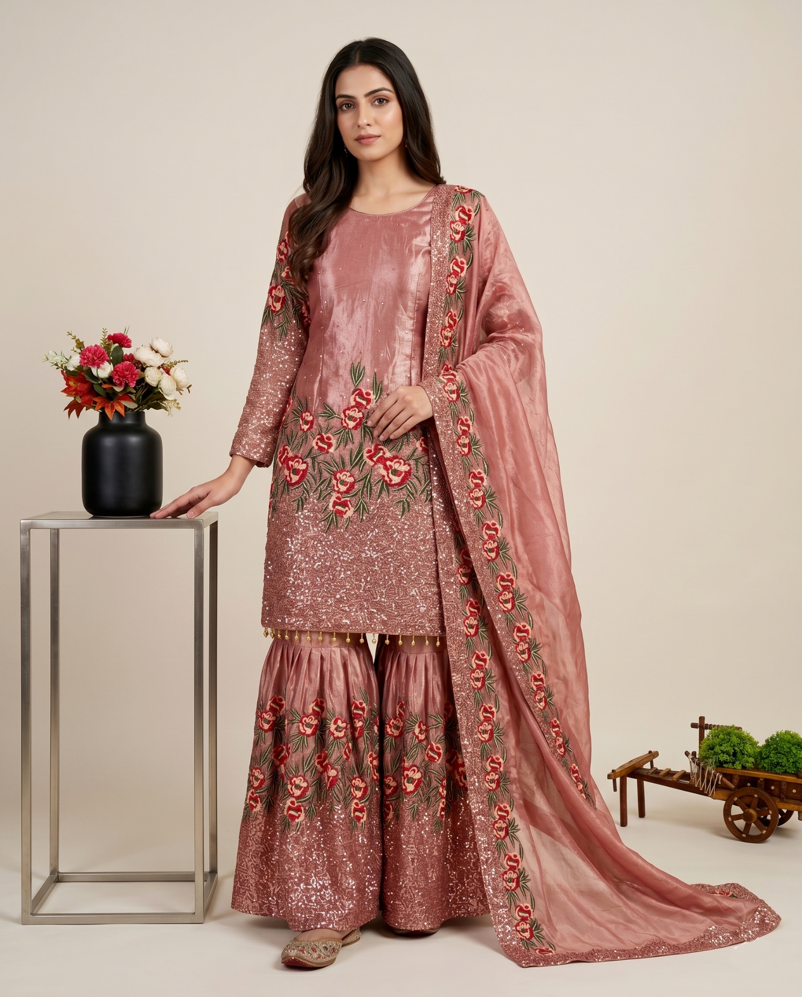 Pink Floral Pure Fendy Silk Sharara Suit