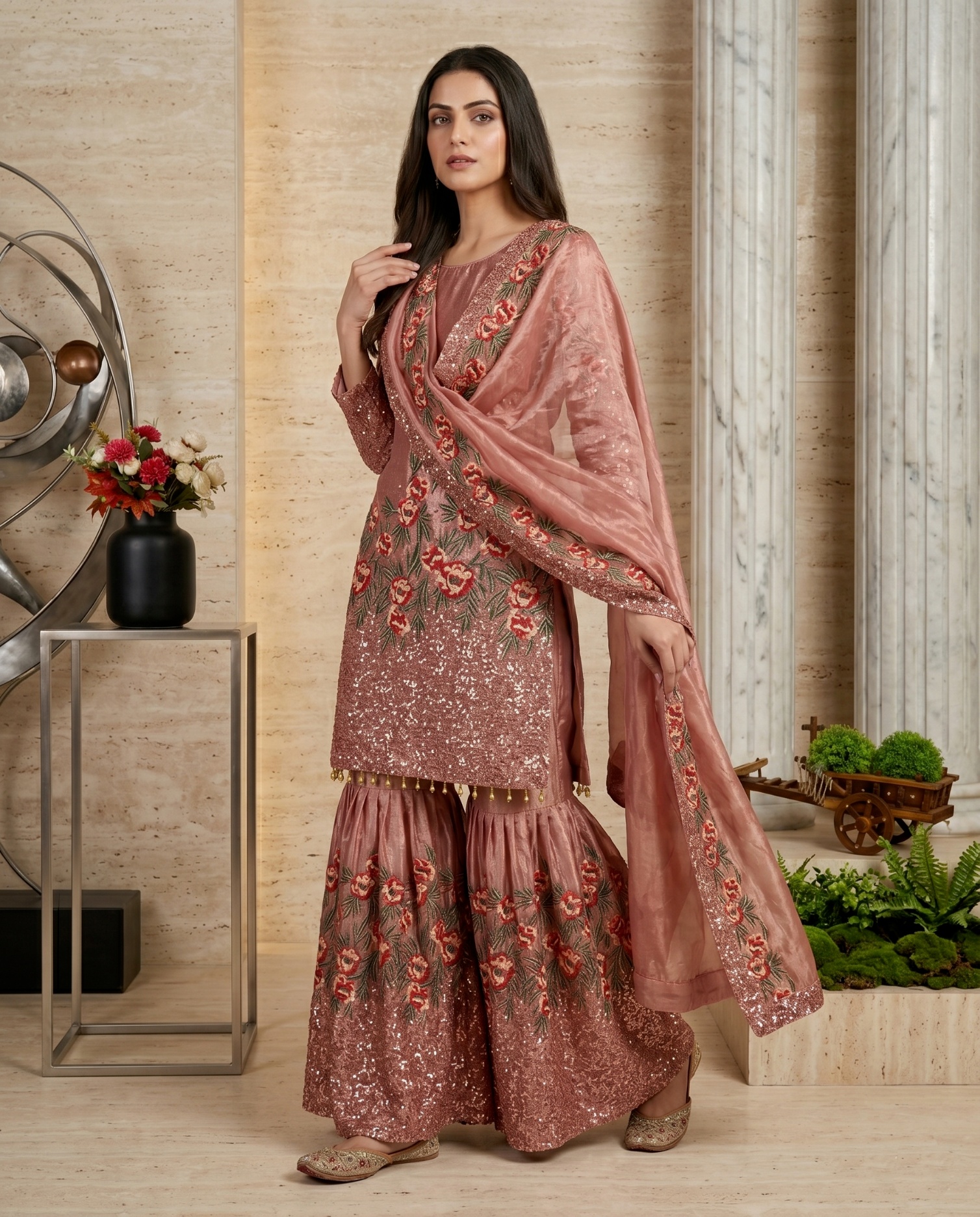 Pink Floral Pure Fendy Silk Sharara Suit — alternate view