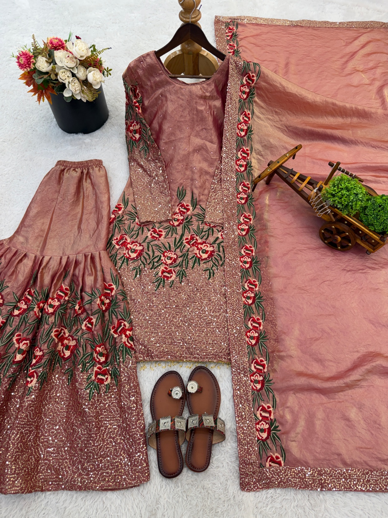 Pink Floral Pure Fendy Silk Sharara Suit